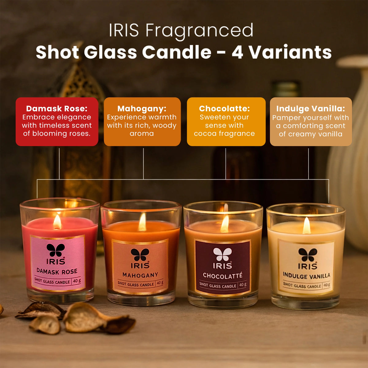 Shot Glass Candle | Pack of 4 | Burning time of 8Hrs each