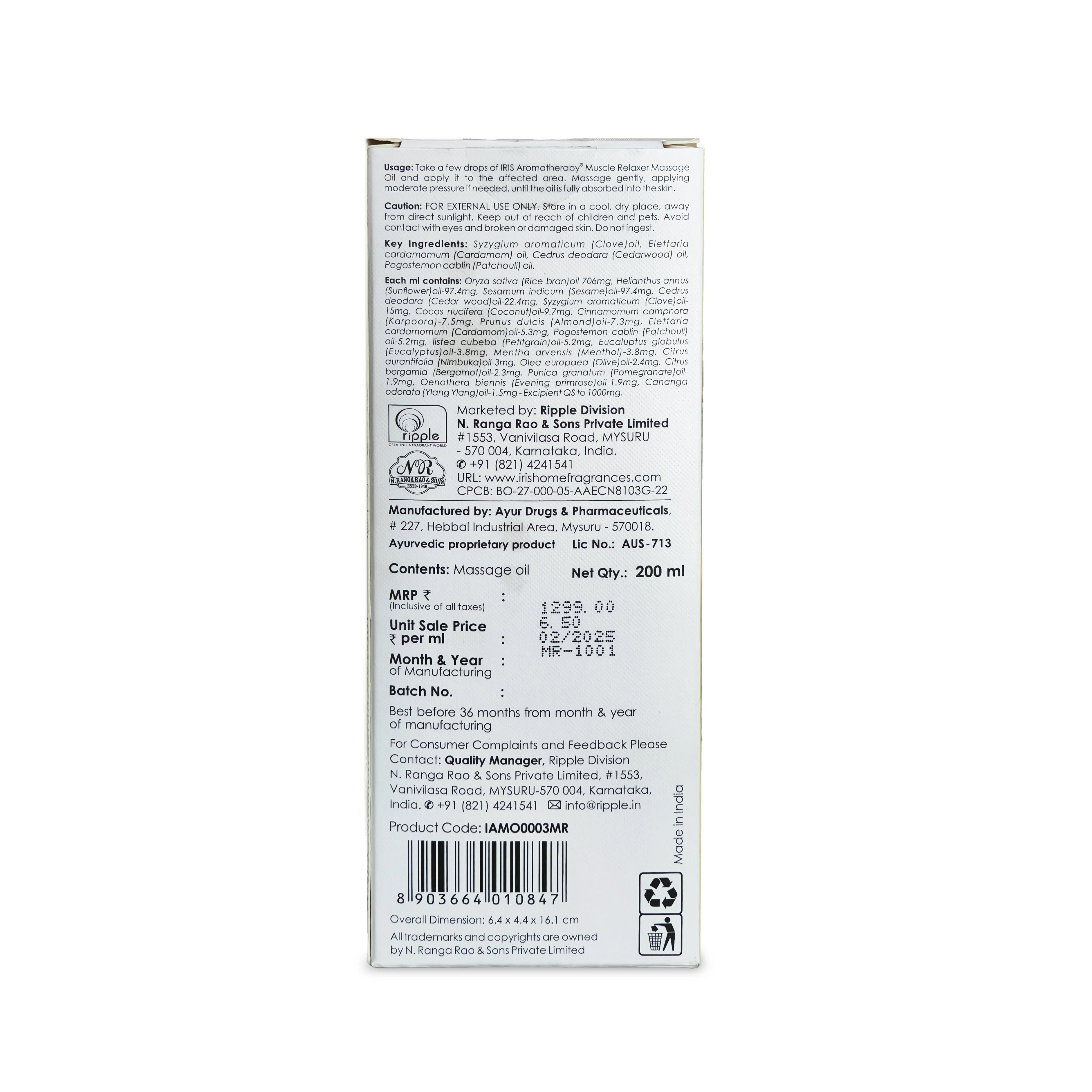 IRIS Aromatherapy Muscle Relaxant Massage Oil