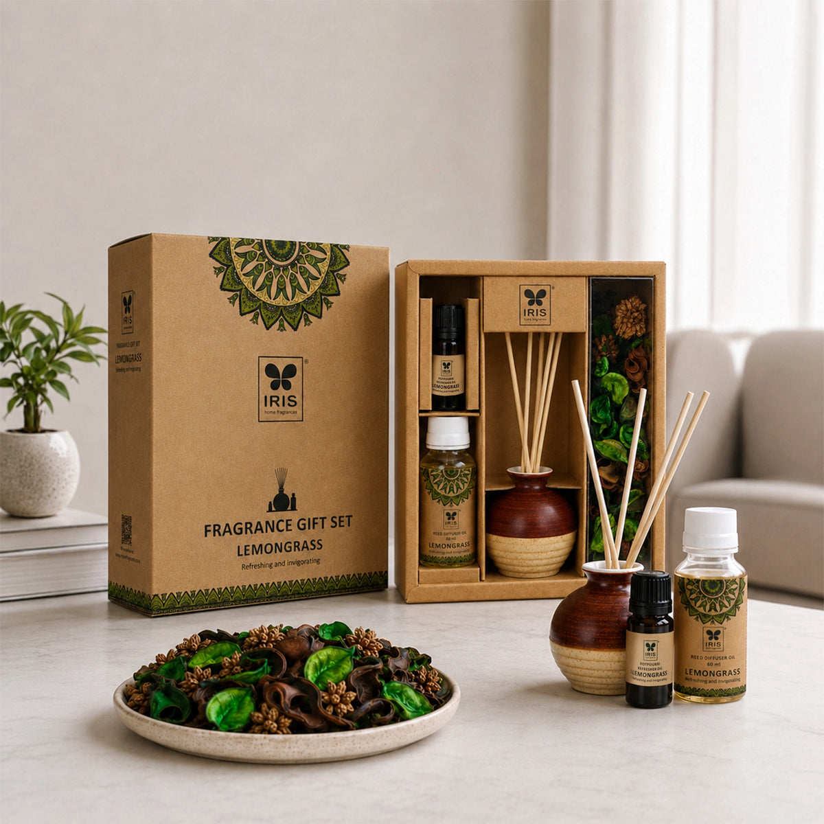Lemongrass Fragrance Gift Set With Reed Diffuser & Potpourri for Home Decor