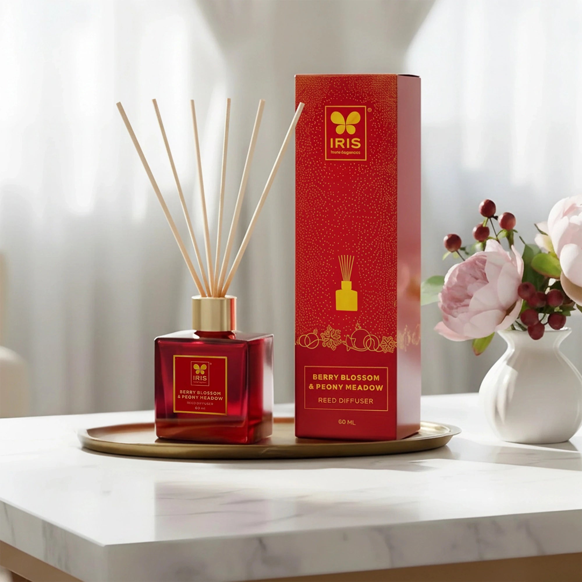 IRIS Reed Diffuser Set |Floral & Fruity Fragrance|Lasts More than 30 Days | 60ml + 6 Rattan Reeds