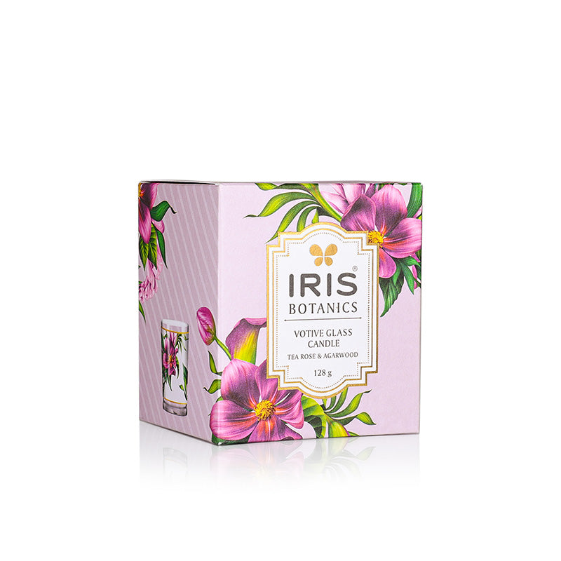 IRIS Botanics Votive Glass Candle (128gm)-Tea Rose & Agarwood