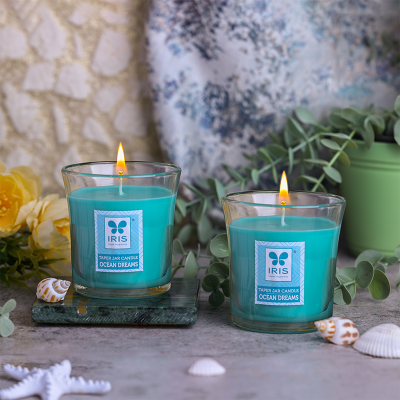 IRIS Ocean Dream taper jar candles, pack of 2 - part of the Diwali Festive Combo