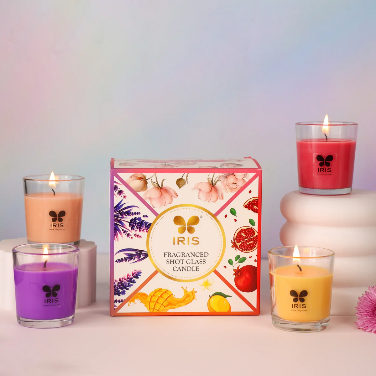 IRIS fragranced shot glass candles in Lavender, Peach Pomegranate, Damask Rose and Mango Sorbet - part of the Vibrant Diwali Combo