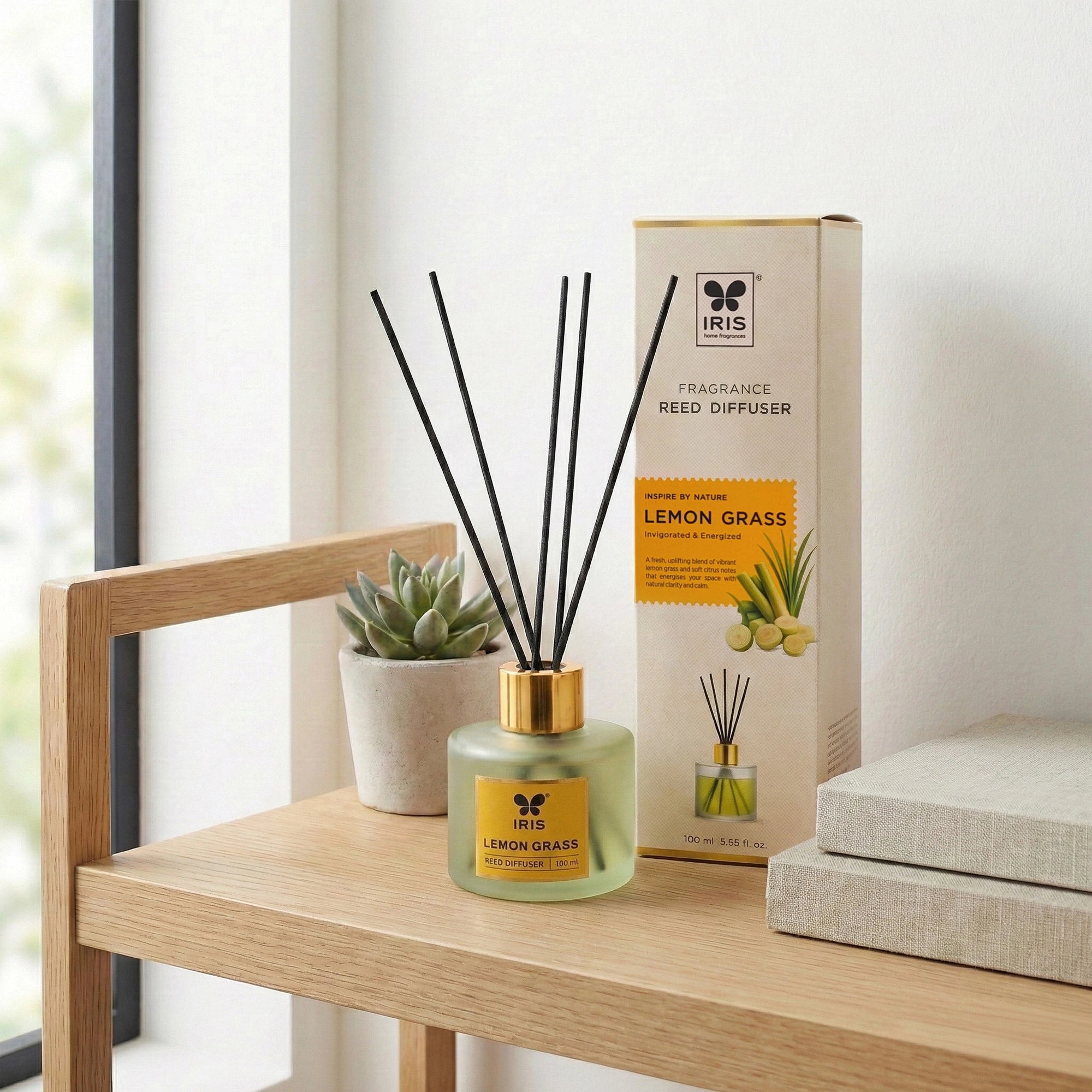 IRIS Lemongrass Frosted Glass Reed Diffuser Set |100ml oil and 5 Fibre Reed sticks