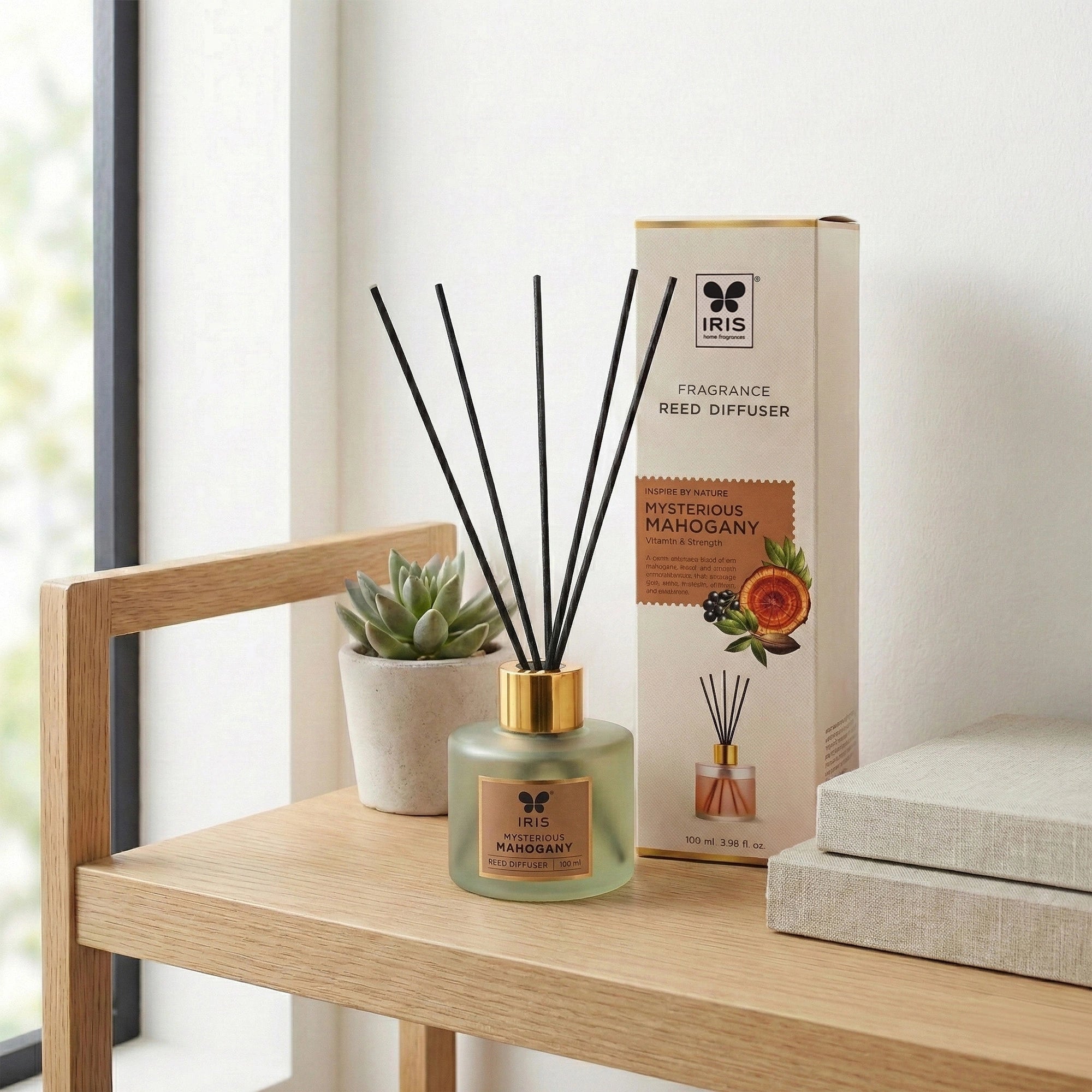 IRIS Mysterious Mahagony Frosted Glass Reed Diffuser Set |100ml oil and 5 Fibre Reed sticks