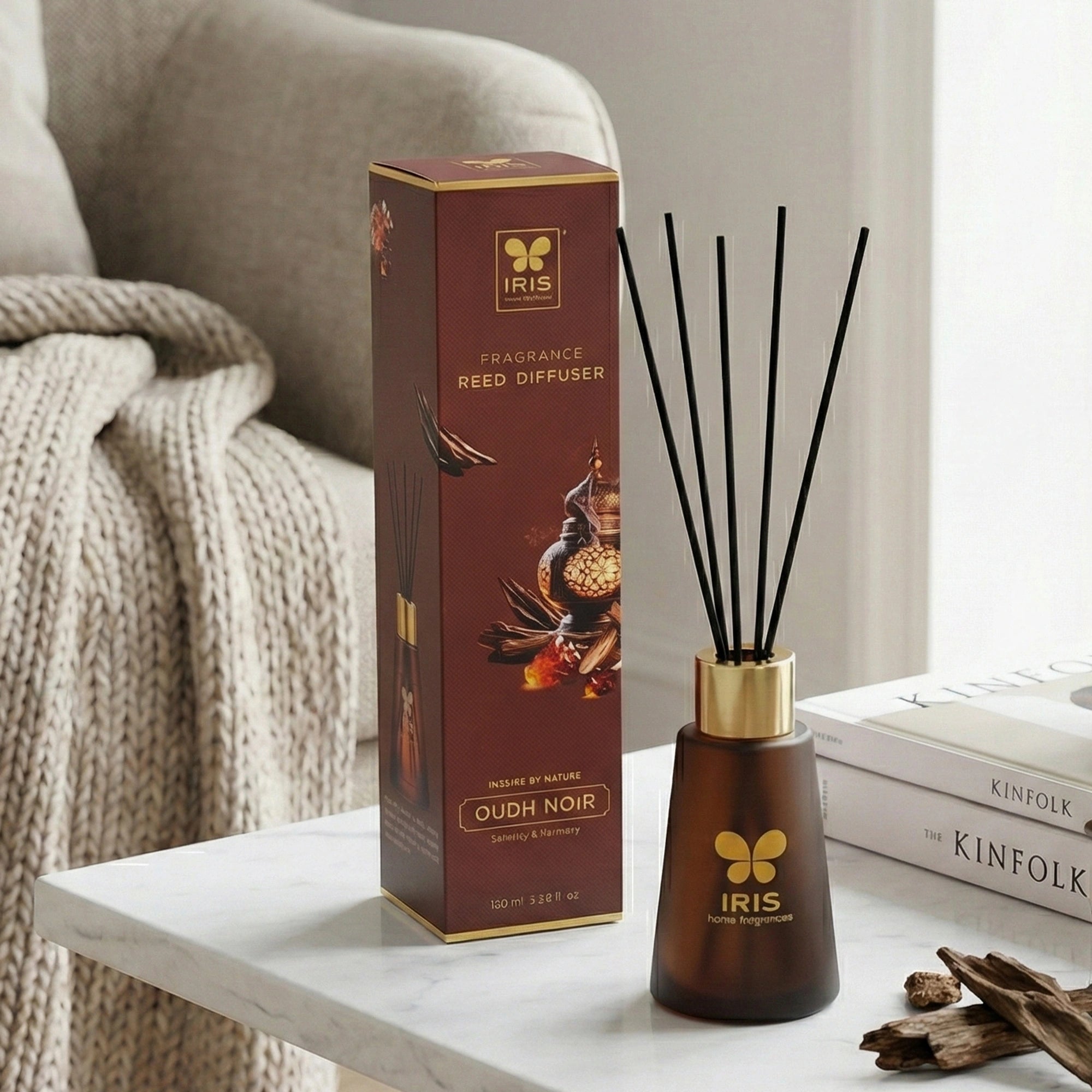 IRIS Oudh Noir Frosted Glass Reed Diffuser Set |100ml oil and 5 Fibre Reed sticks