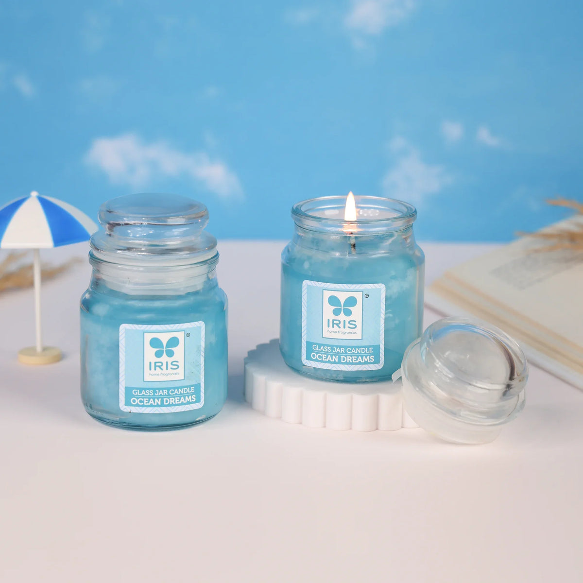 IRIS Ocean Dreams glass jar candles with lids, pack of 2 - part of the Diwali Festive Combo 3