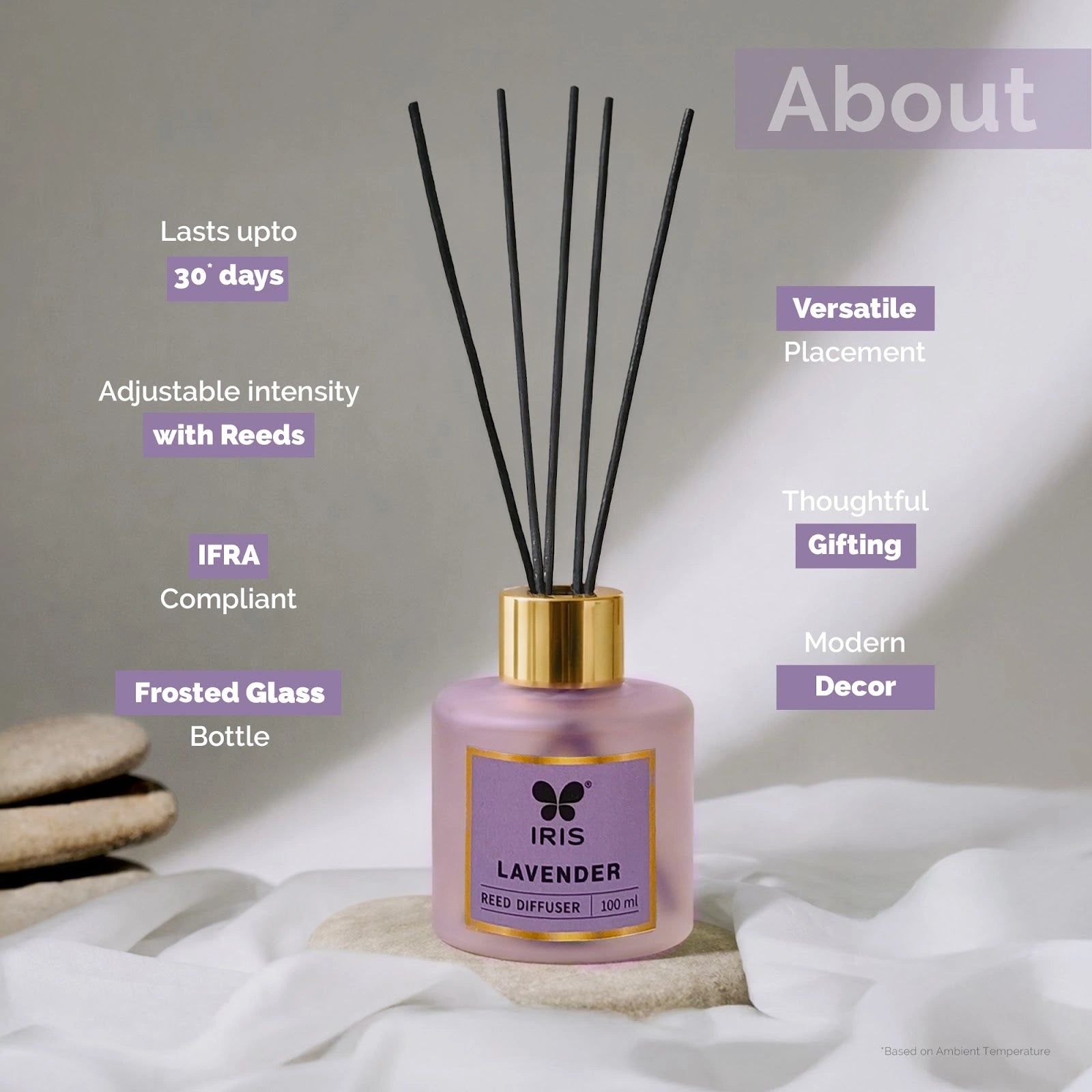 Lavender Frosted Glass Reed Diffuser Set by IRIS |100ml oil and 5 Fibre Reed sticks