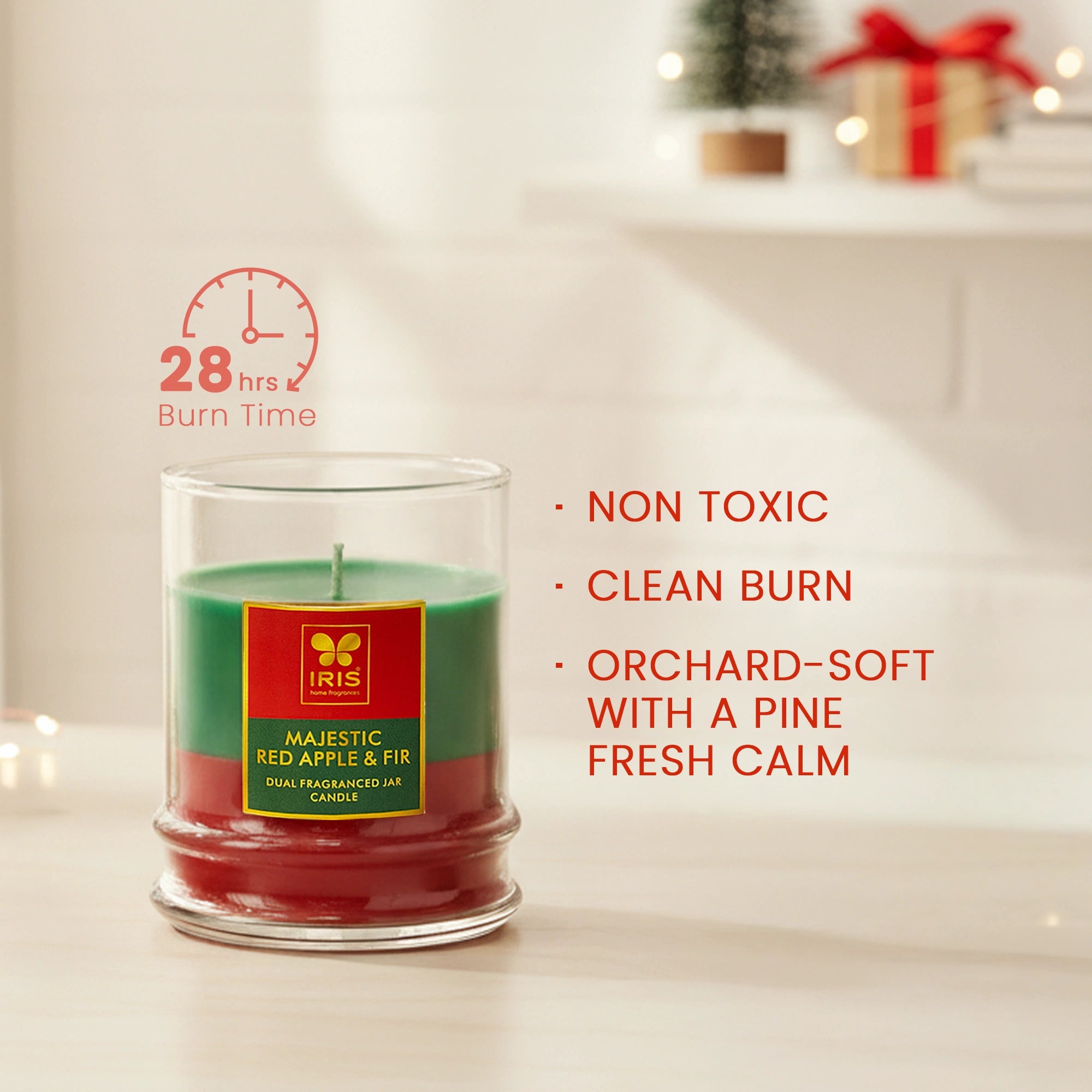 IRIS 2 in 1 Fragranced Jar Candle |Red apple and Fir| 28 Hour Burn Time