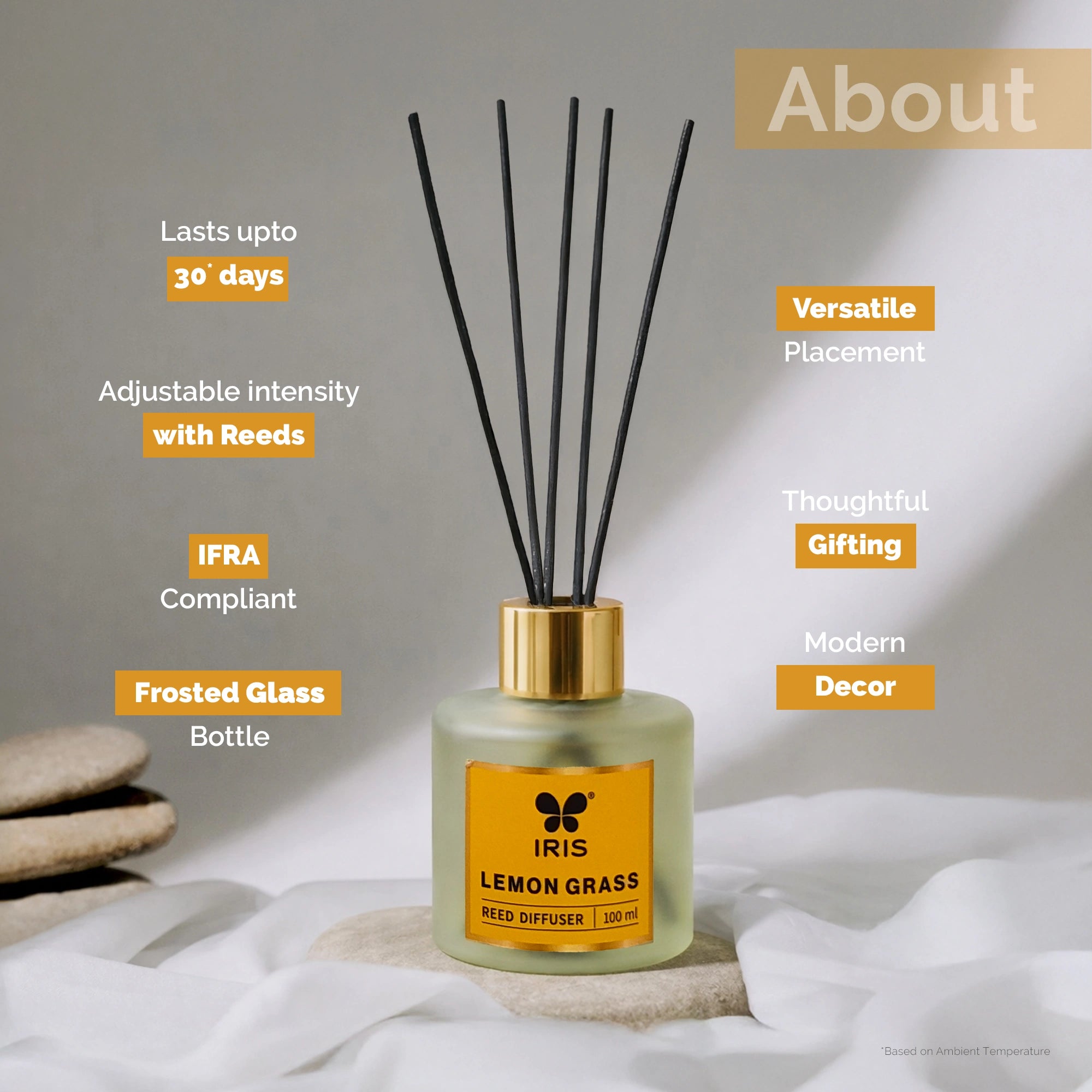 Lemongrass Frosted Glass Reed Diffuser Set by IRIS |100ml oil and 5 Fibre Reed sticks