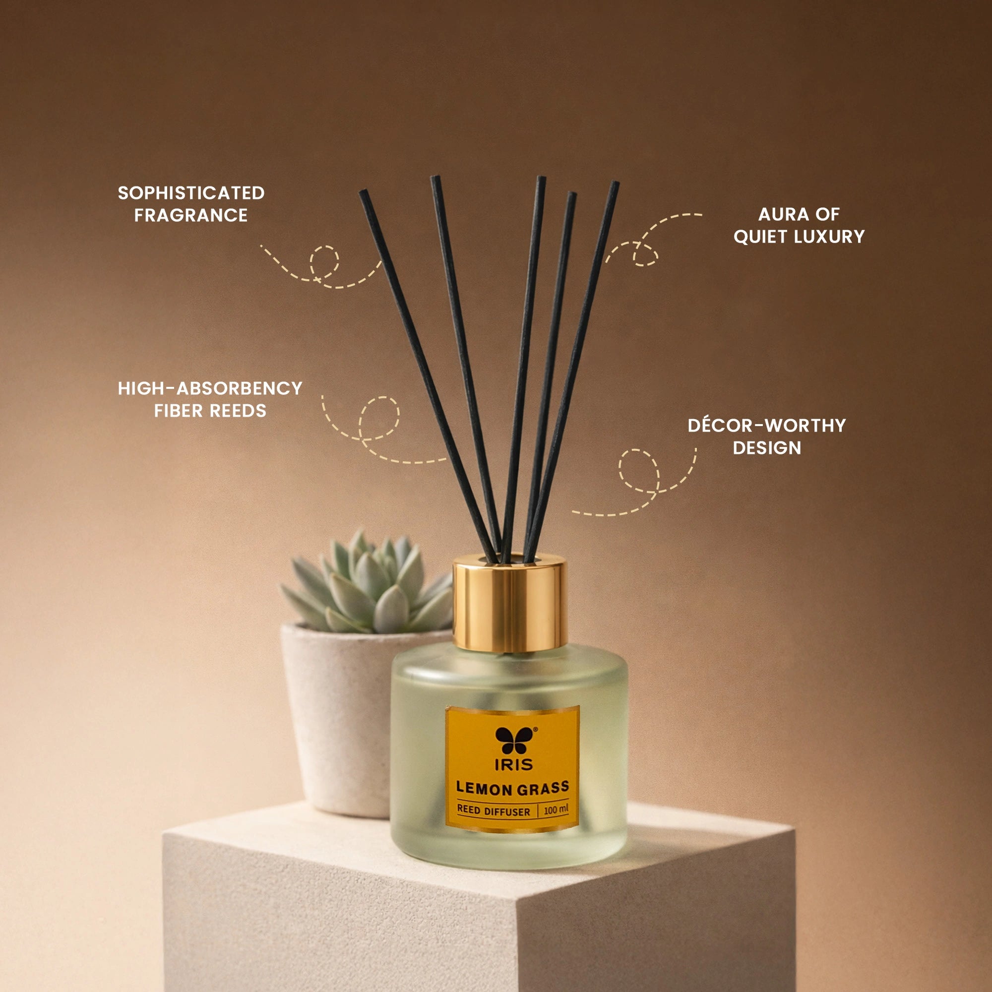 Lemongrass Frosted Glass Reed Diffuser Set by IRIS |100ml oil and 5 Fibre Reed sticks