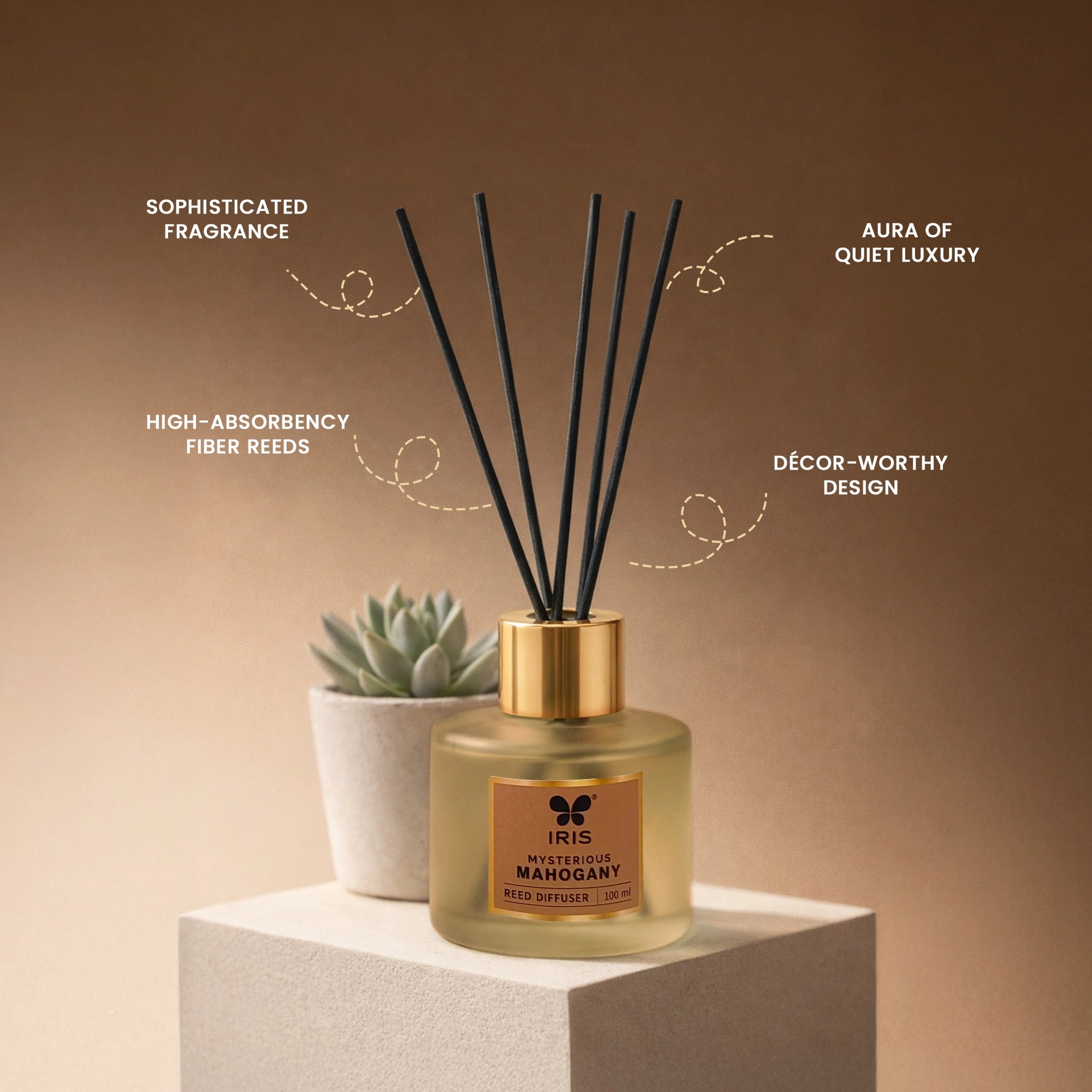 Mysterious Mahagony Frosted Glass Reed Diffuser Set by IRIS |100ml oil and 5 Fibre Reed sticks
