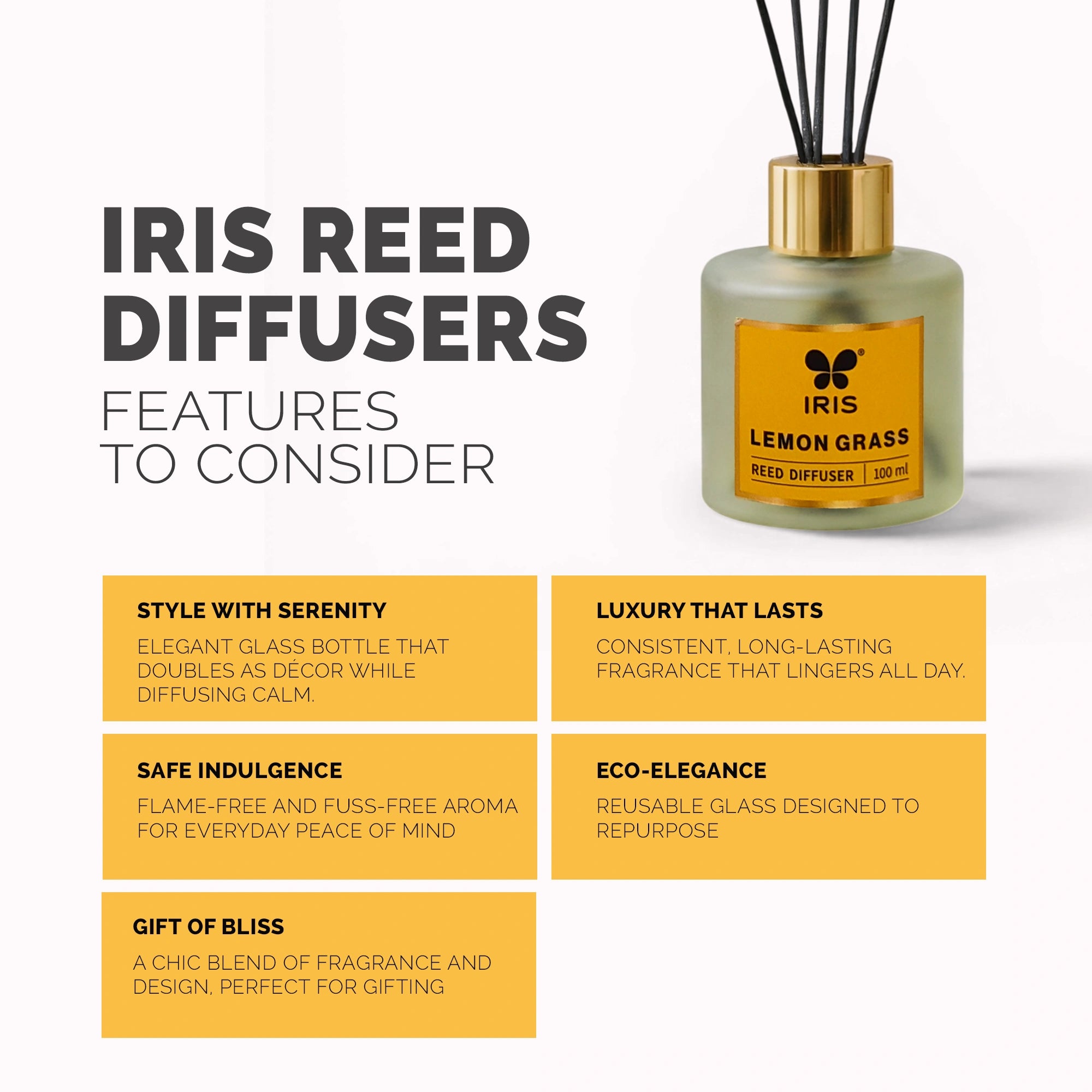 Lemongrass Frosted Glass Reed Diffuser Set by IRIS |100ml oil and 5 Fibre Reed sticks