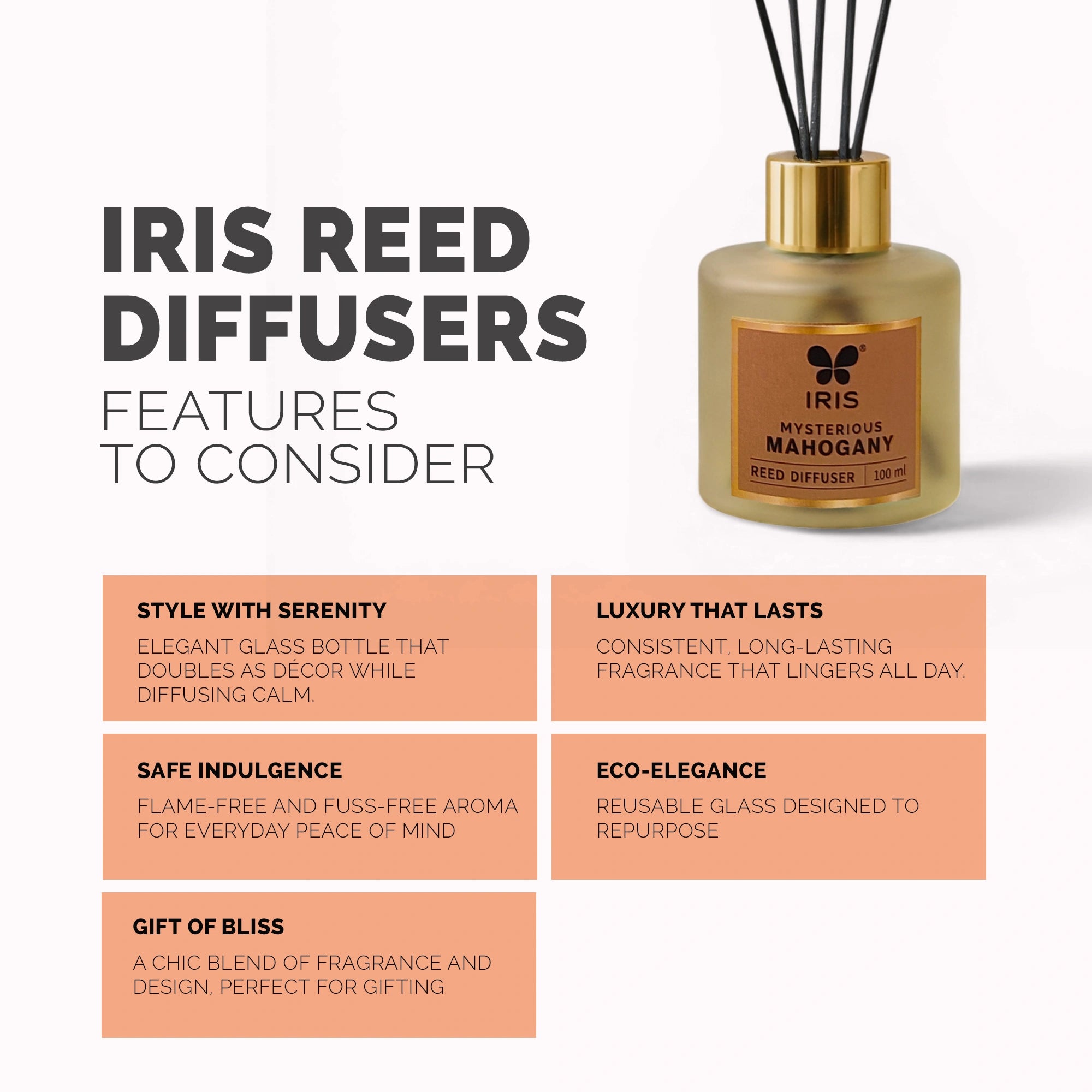 Mysterious Mahagony Frosted Glass Reed Diffuser Set by IRIS |100ml oil and 5 Fibre Reed sticks