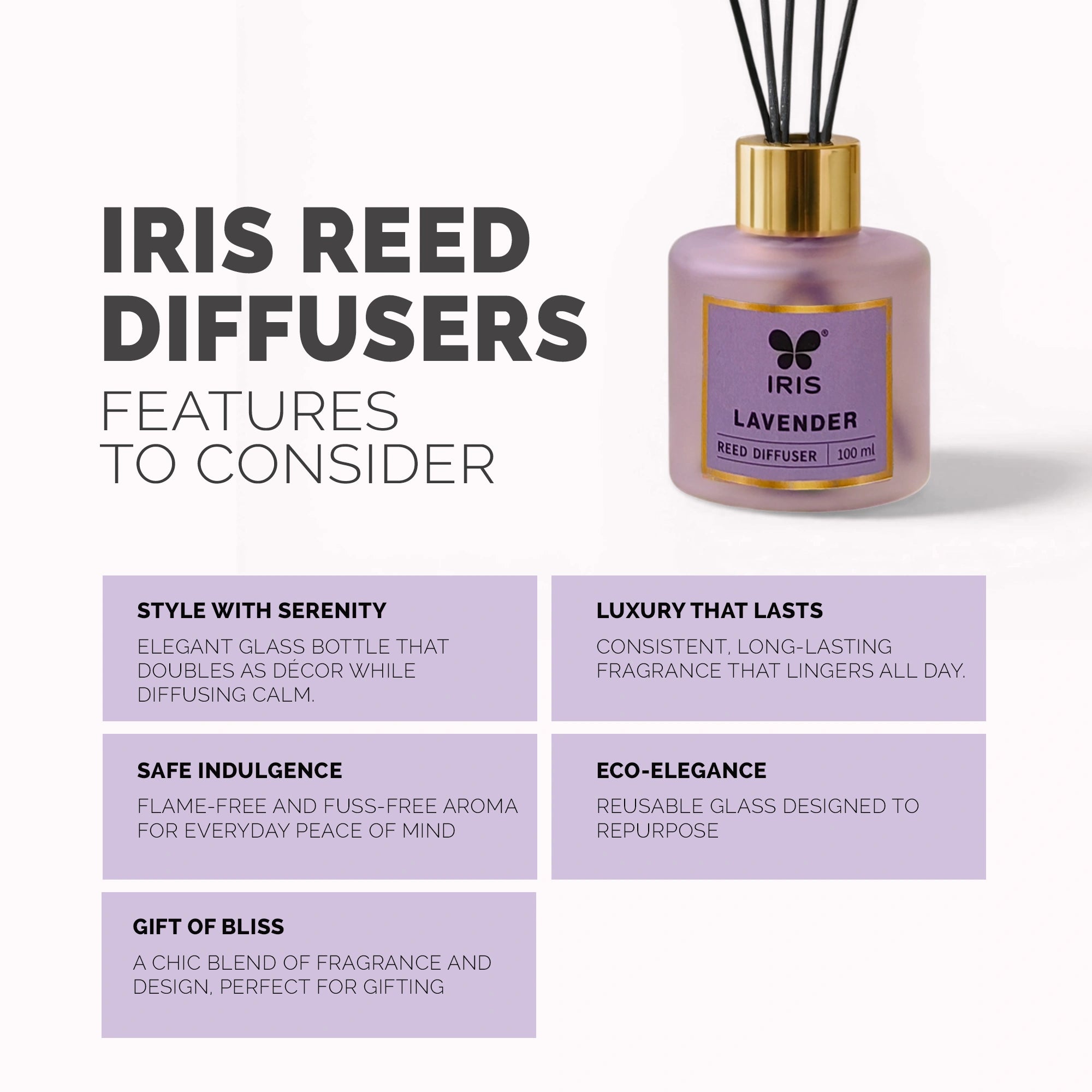 Lavender Frosted Glass Reed Diffuser Set by IRIS |100ml oil and 5 Fibre Reed sticks