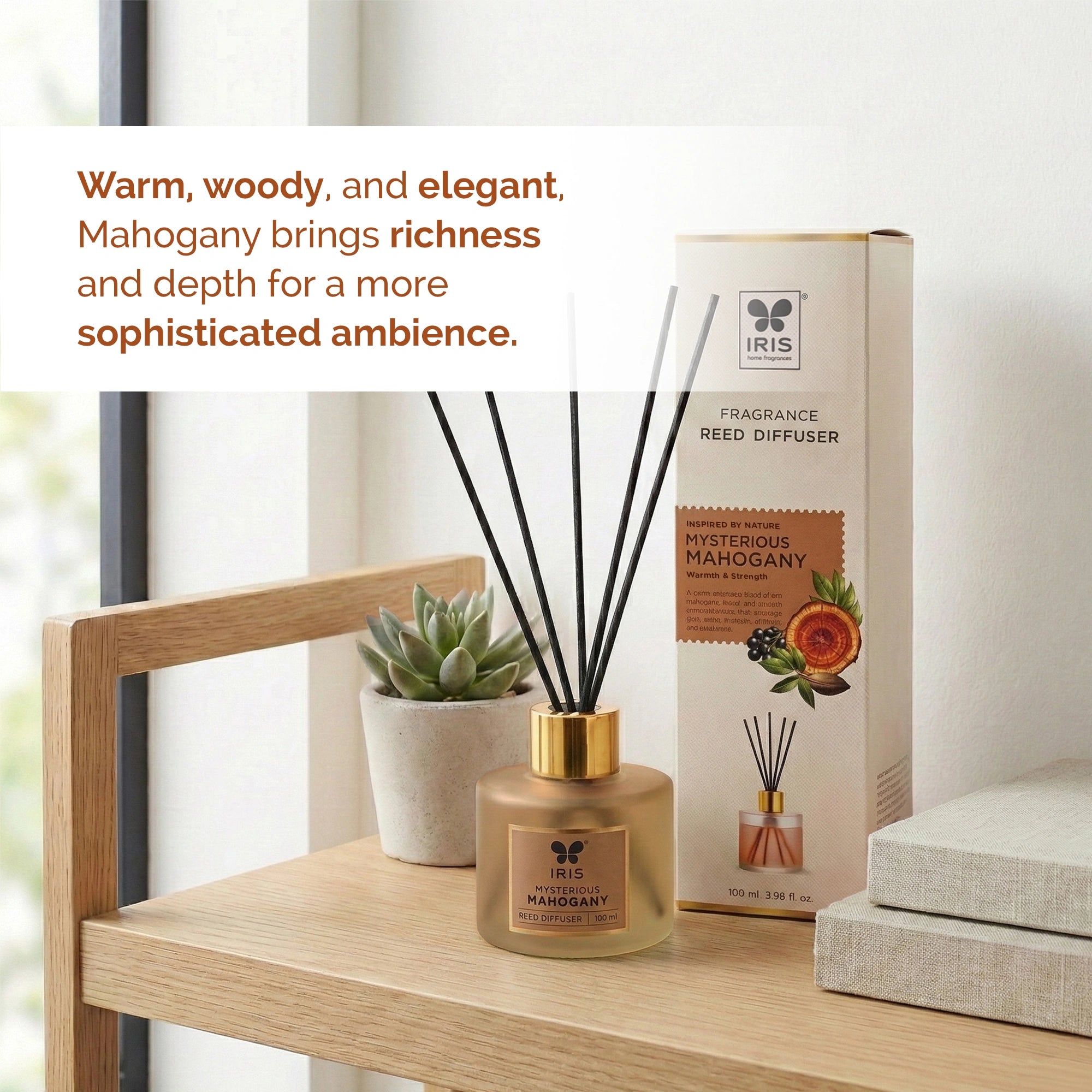 Mysterious Mahagony Frosted Glass Reed Diffuser Set by IRIS |100ml oil and 5 Fibre Reed sticks