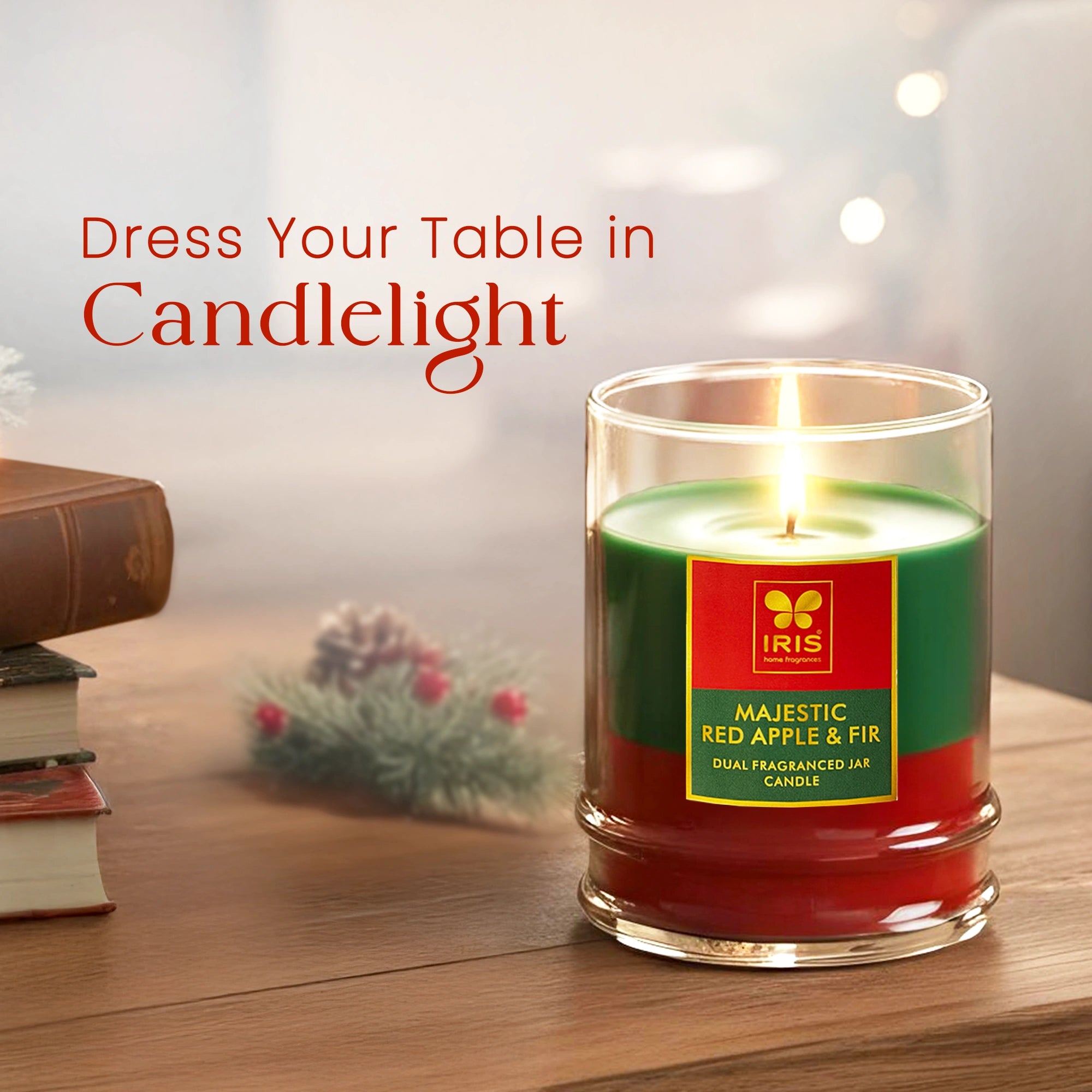 IRIS 2 in 1 Fragranced Jar Candle |Red apple and Fir| 28 Hour Burn Time