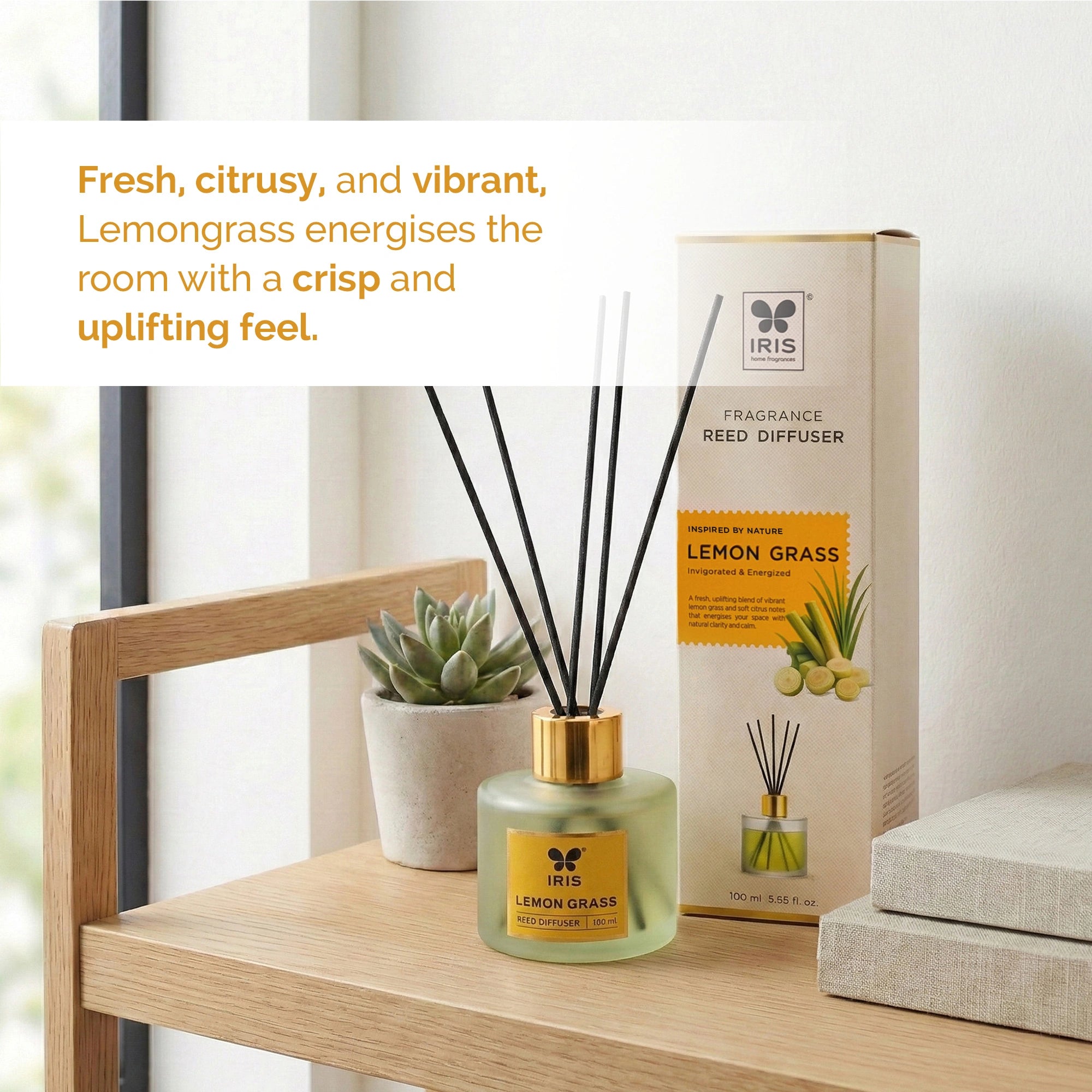 Lemongrass Frosted Glass Reed Diffuser Set by IRIS |100ml oil and 5 Fibre Reed sticks