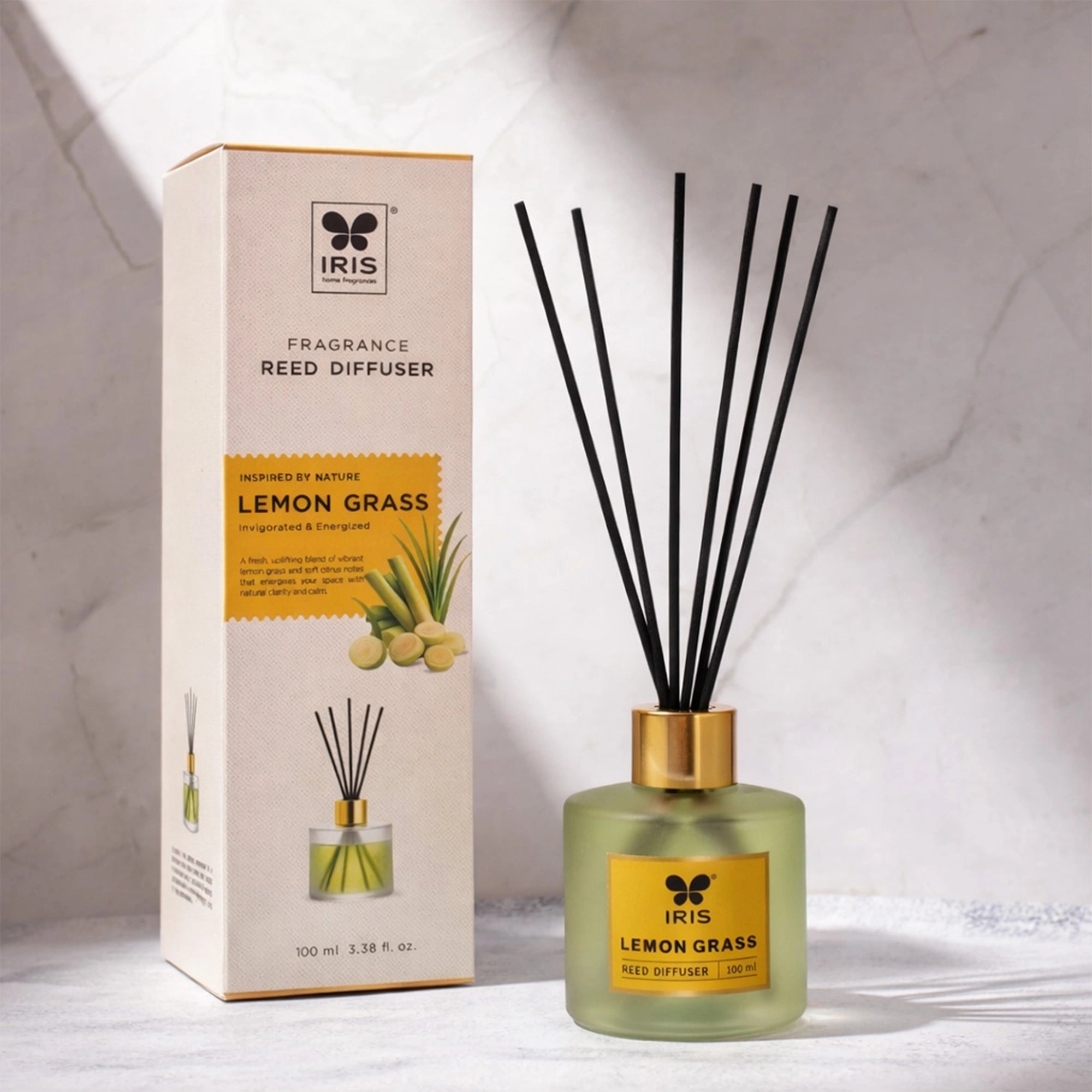 Lemongrass Frosted Glass Reed Diffuser Set by IRIS |100ml oil and 5 Fibre Reed sticks