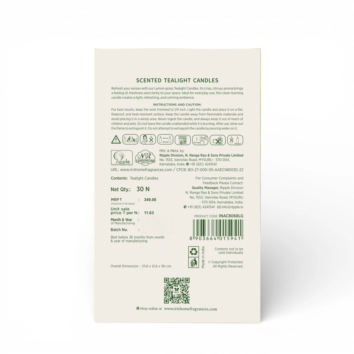Lemongrass scented tealight candles pack of 30
