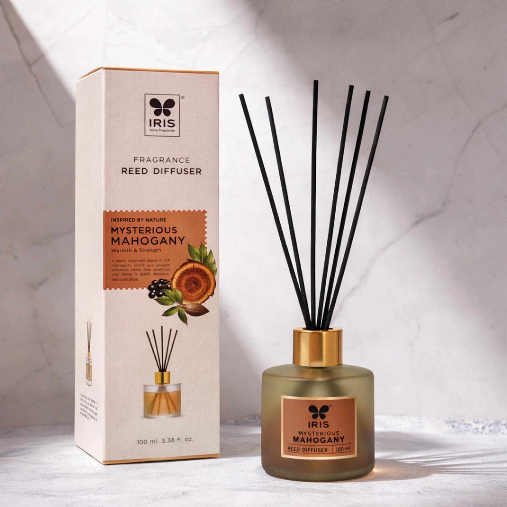 Mysterious Mahagony Frosted Glass Reed Diffuser Set by IRIS |100ml oil and 5 Fibre Reed sticks