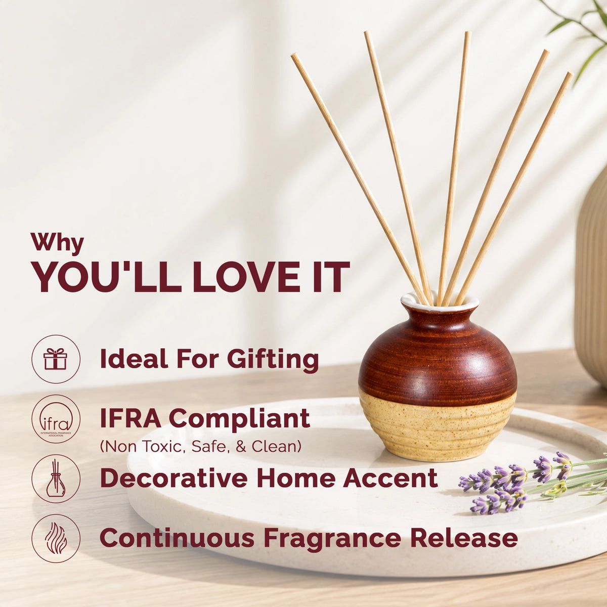 Lavender ceramic aroma reed diffuser in ethnic packaging with 60ml fragrance oil