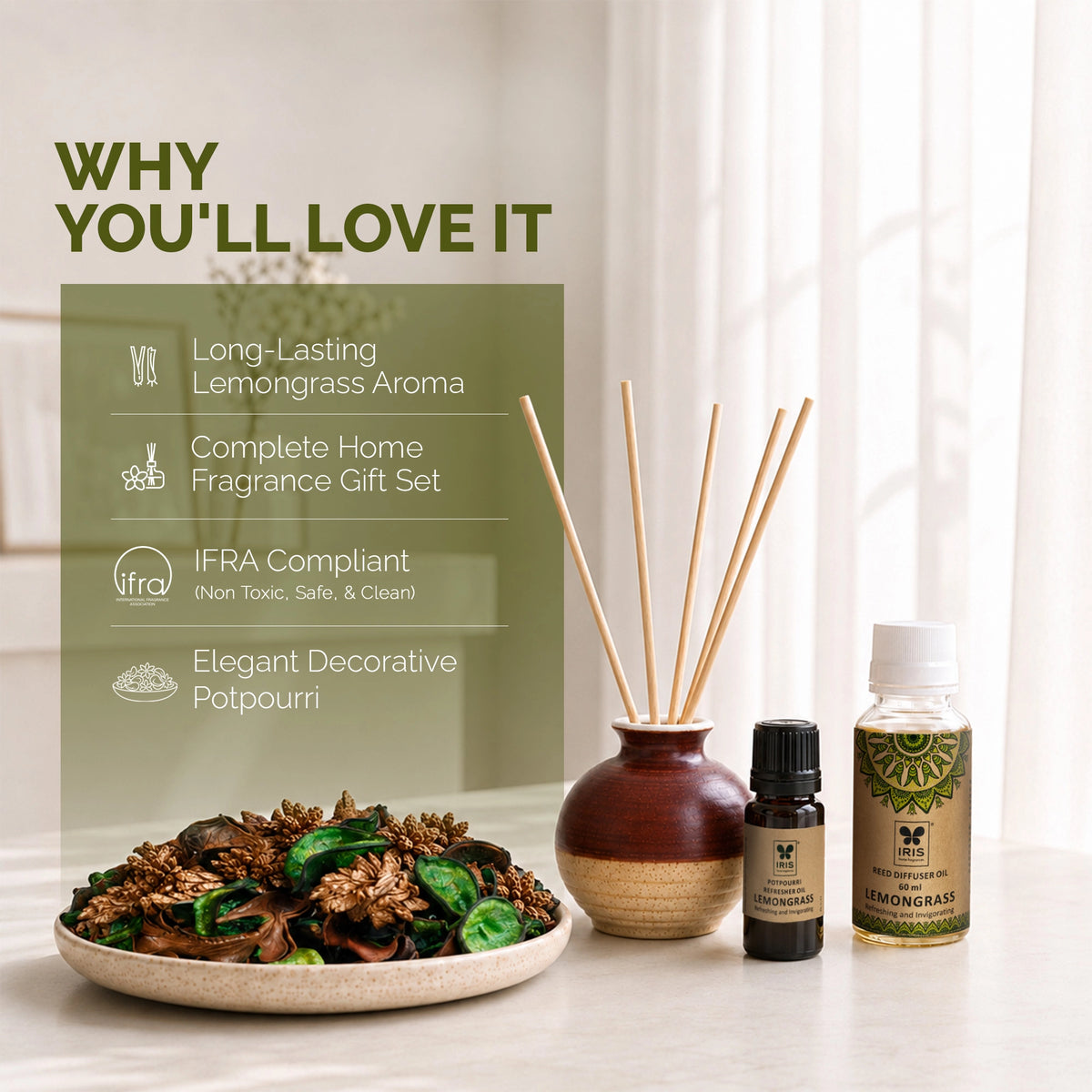 Lemongrass Fragrance Gift Set With Reed Diffuser & Potpourri for Home Decor