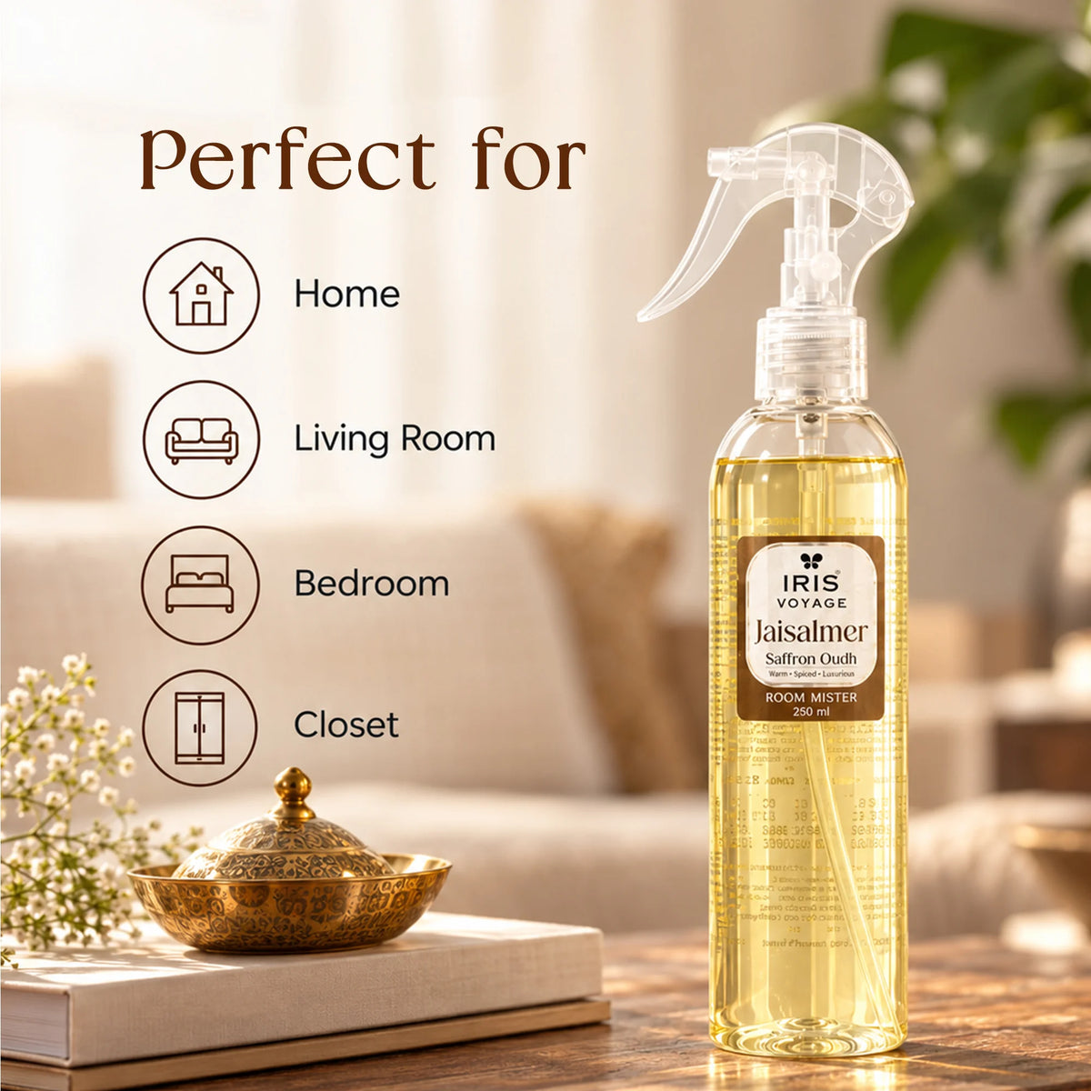 IRIS Voyage Jaisalmer | Saffron Oudh Fragrance Room Mister 250 ml Upto 1200 Sprays