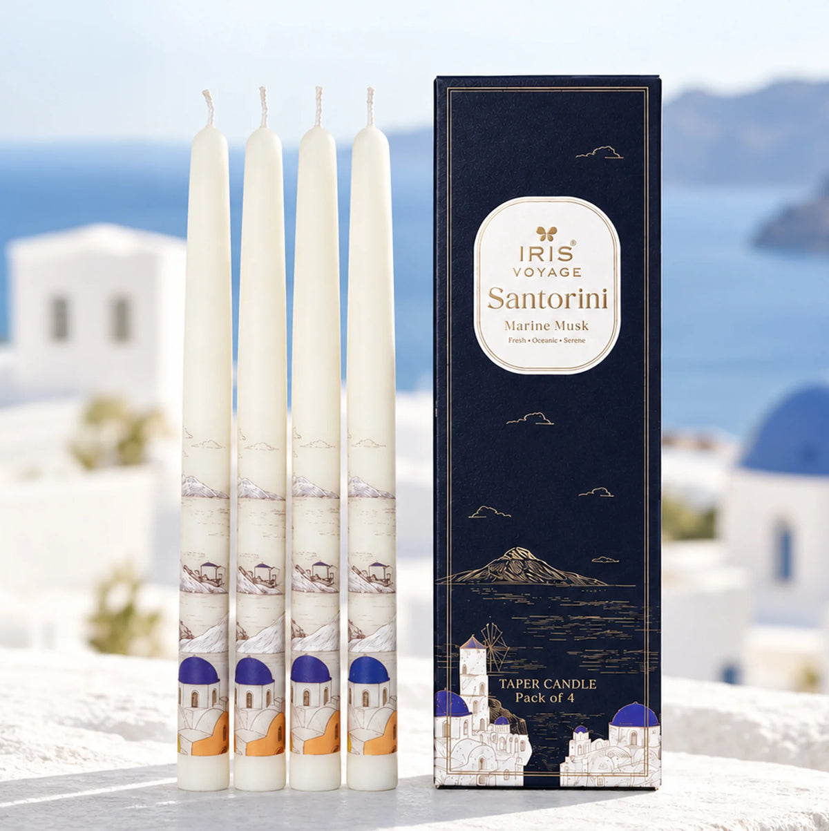 IRIS Voyage Santorini | Marine Musk Scented Taper Candles Pack of 4 | 8 Hrs Burn Time