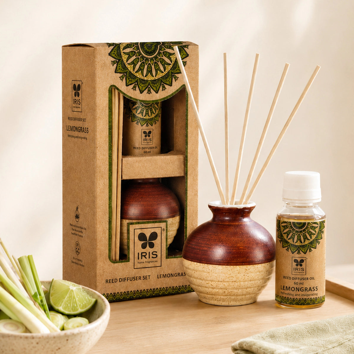 Lemongrass Ceramic Aroma Reed Diffuser Set | Ethnic Packaging | 60ml