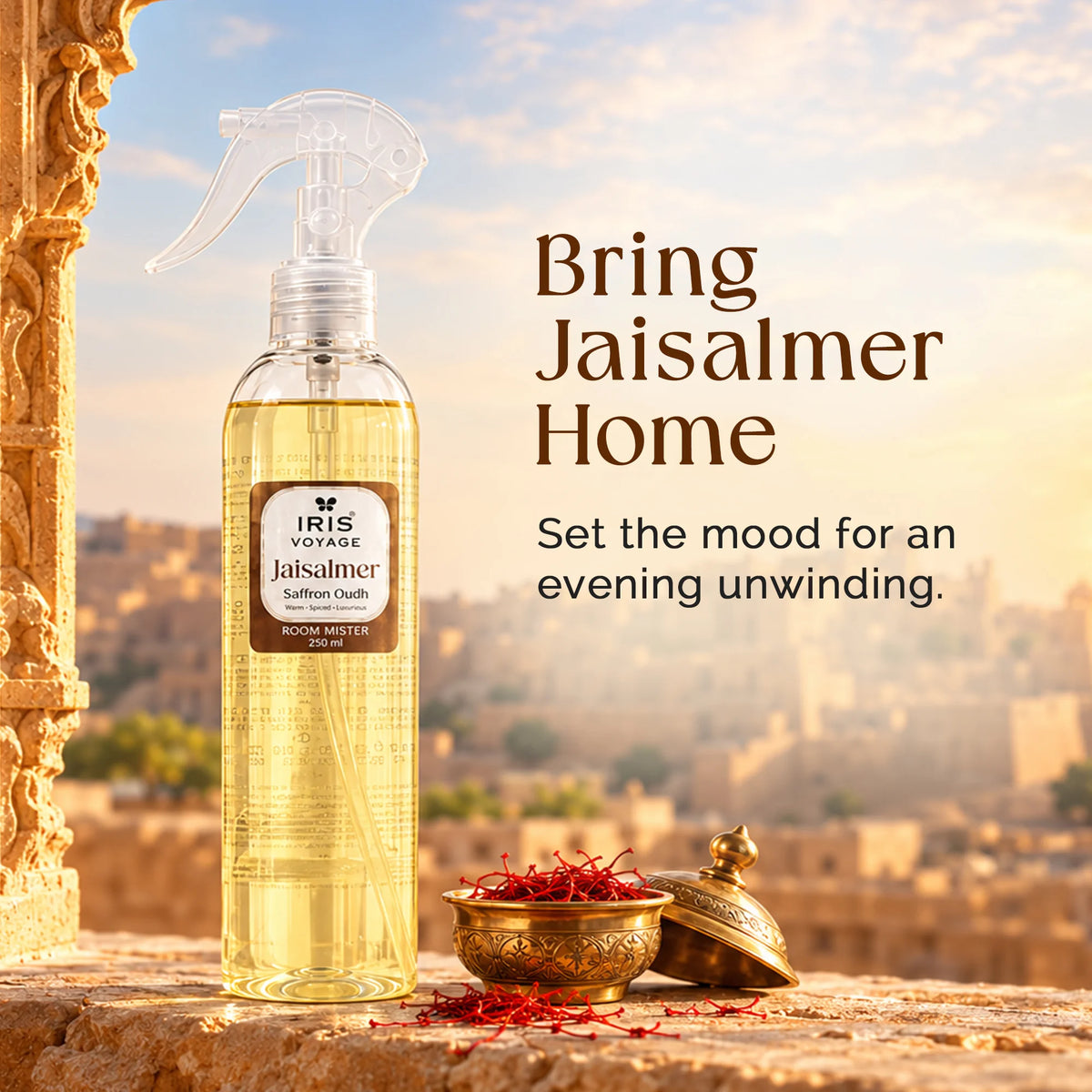 IRIS Voyage Jaisalmer | Saffron Oudh Fragrance Room Mister 250 ml Upto 1200 Sprays