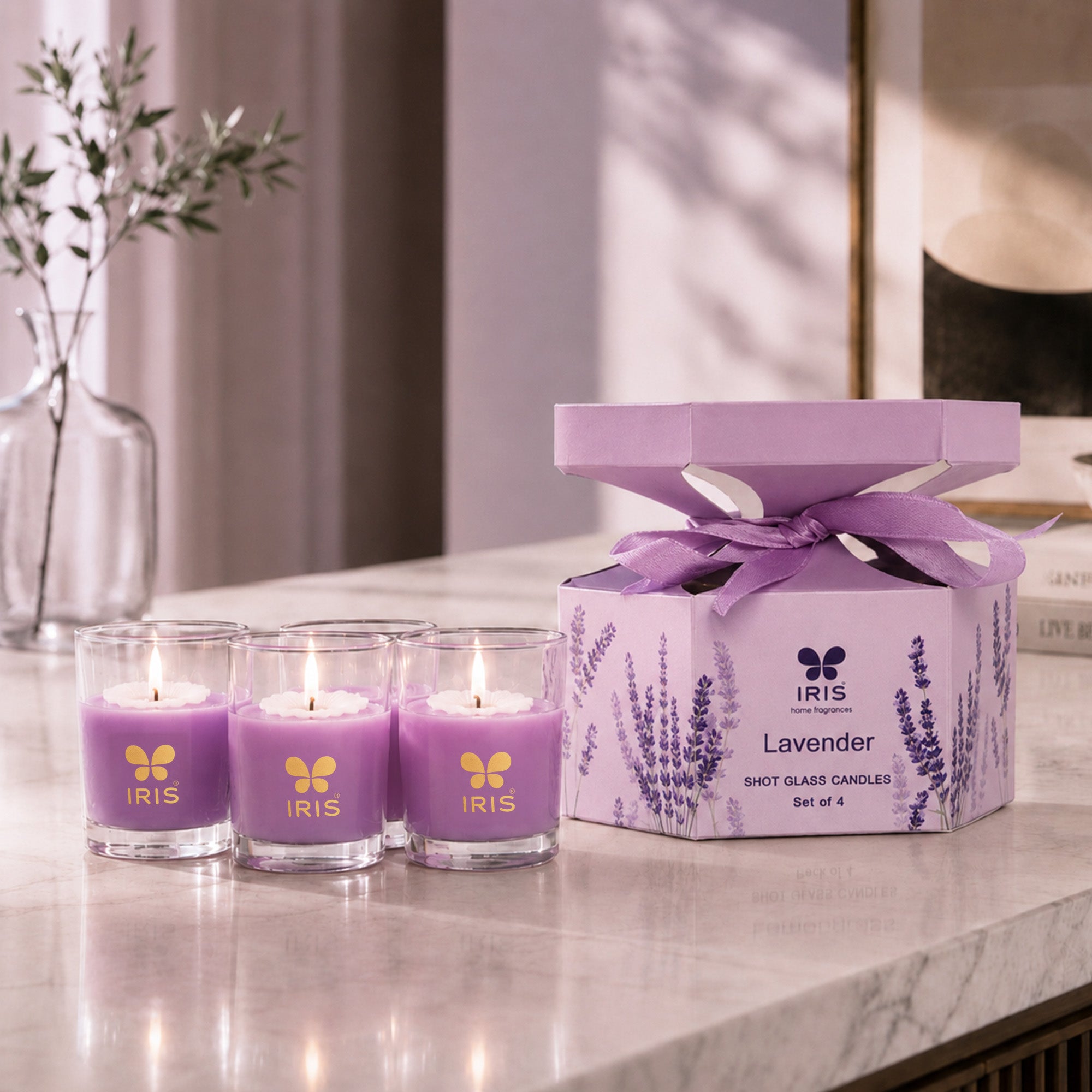 IRIS Shot Glass Scented Candles Gift Set – Pack of 4 | Lavender