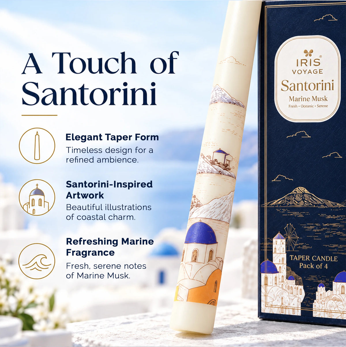 IRIS Voyage Santorini | Marine Musk Scented Taper Candles Pack of 4 | 8 Hrs Burn Time