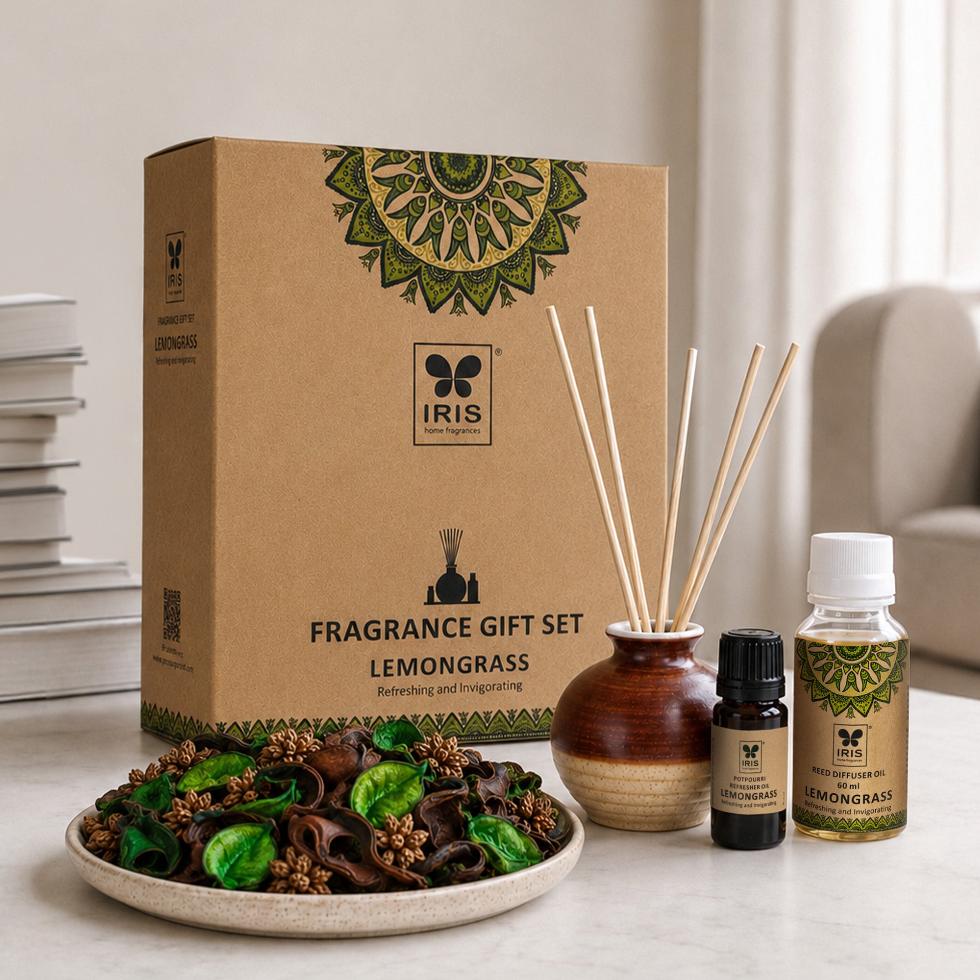 IRIS Home Fragrance Potpourri & Reed Diffuser Gift Set | Lemongrass