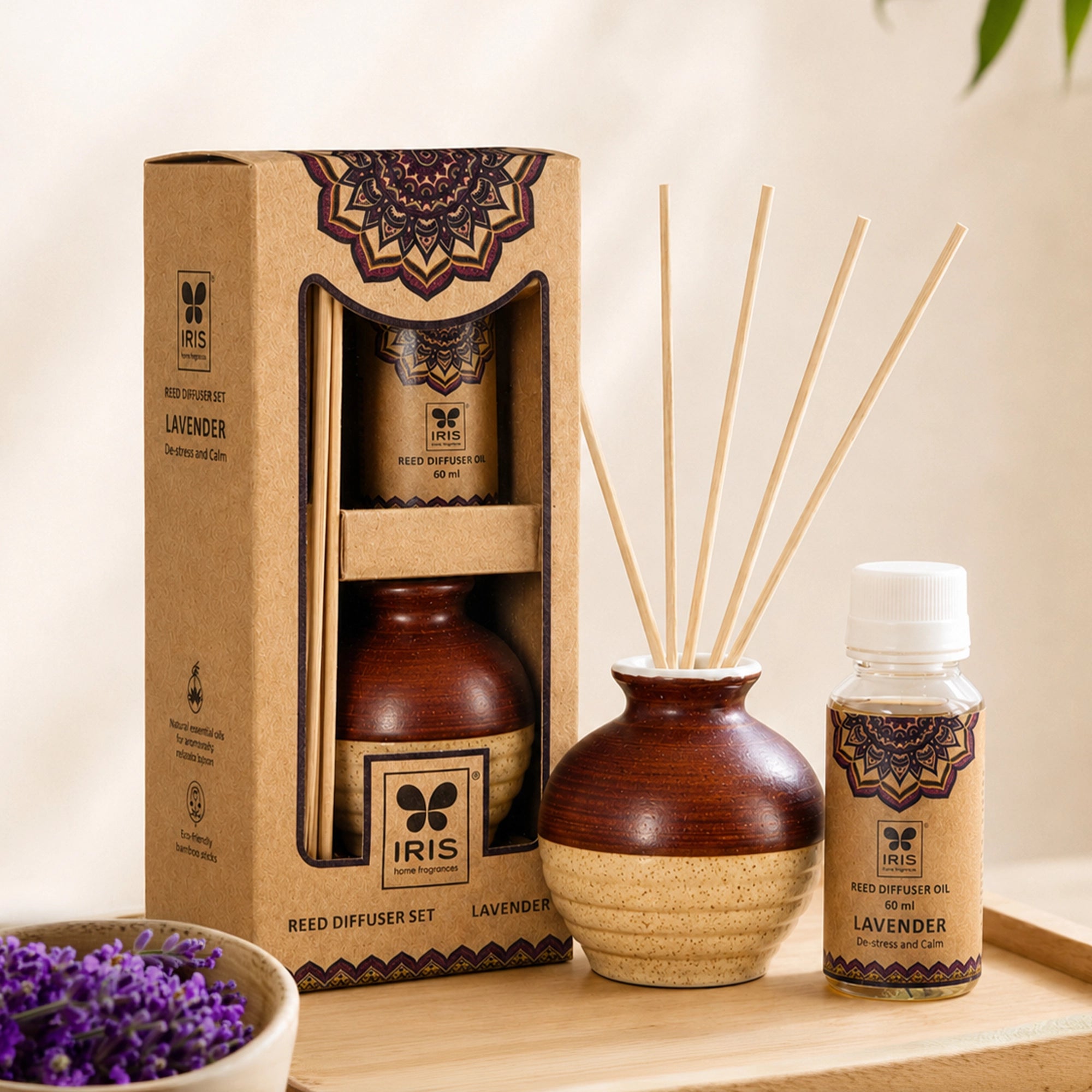 Lavender Ceramic Aroma Reed Diffuser Set | Ethnic Packaging | 60ml