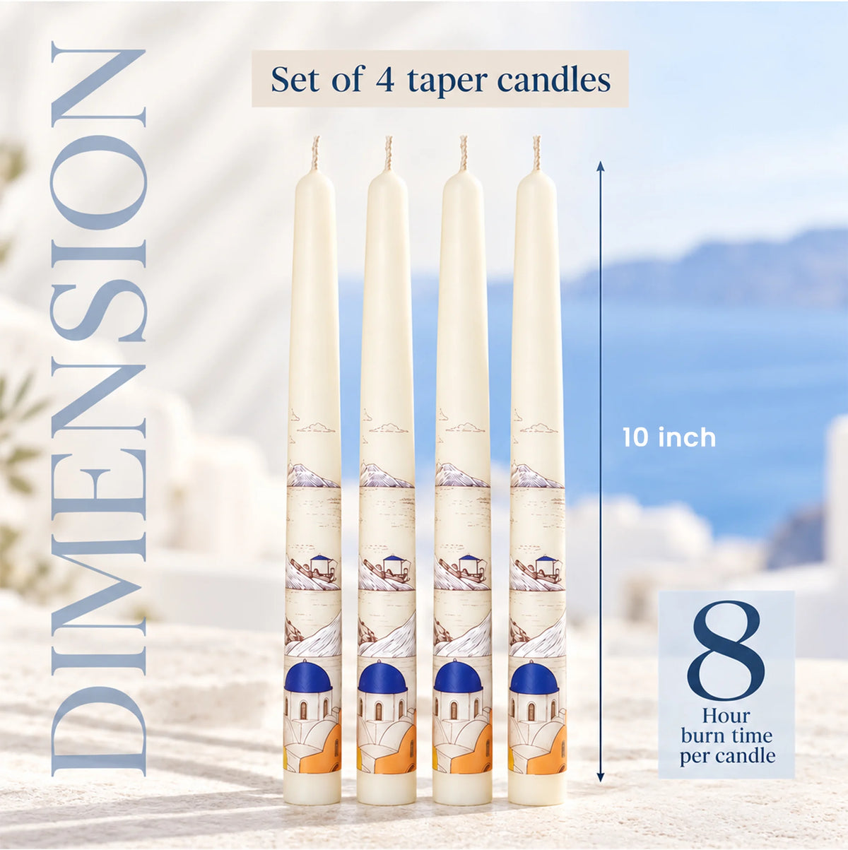 IRIS Voyage Santorini | Marine Musk Scented Taper Candles Pack of 4 | 8 Hrs Burn Time