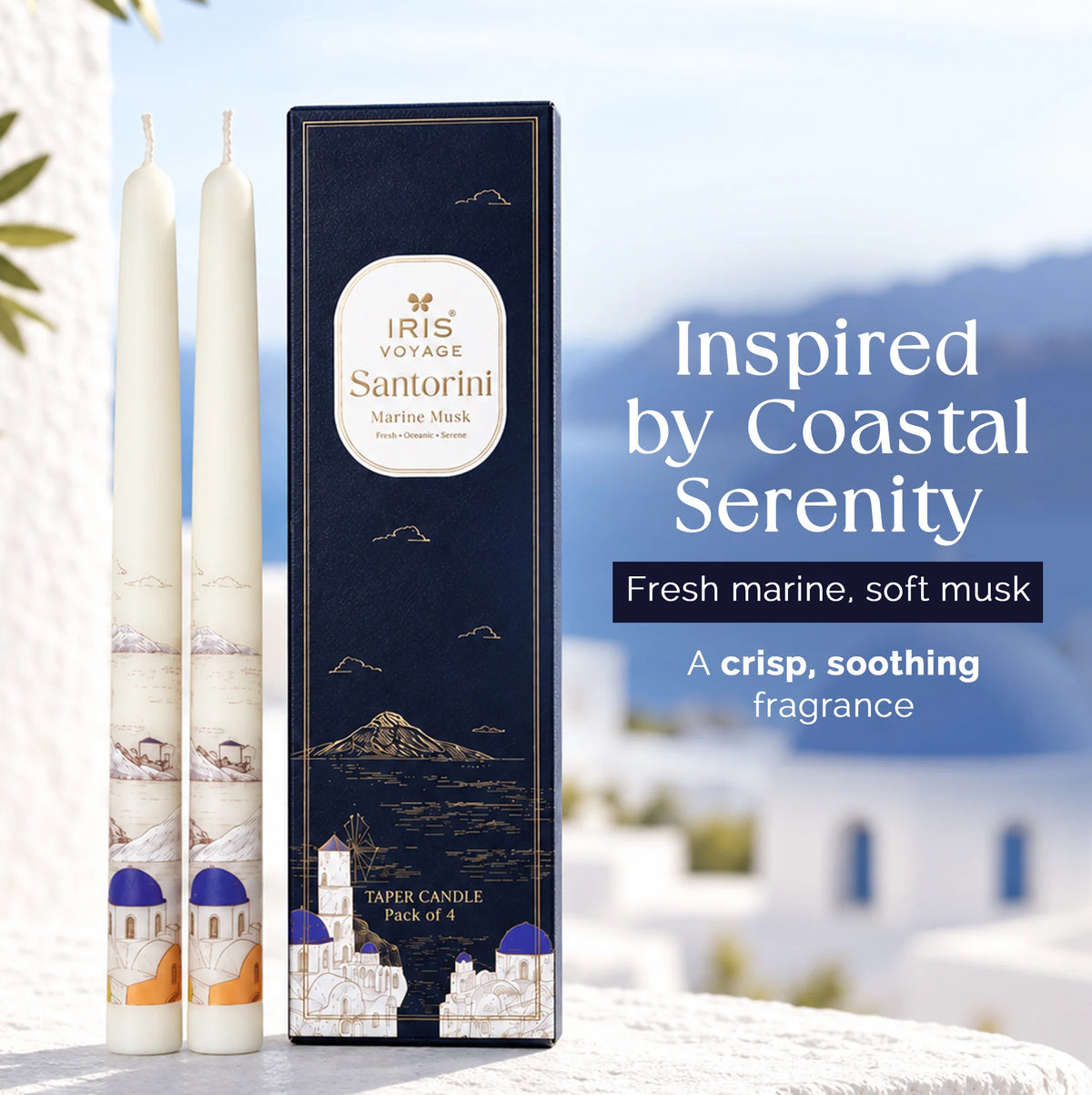 IRIS Voyage Santorini | Marine Musk Scented Taper Candles Pack of 4 | 8 Hrs Burn Time