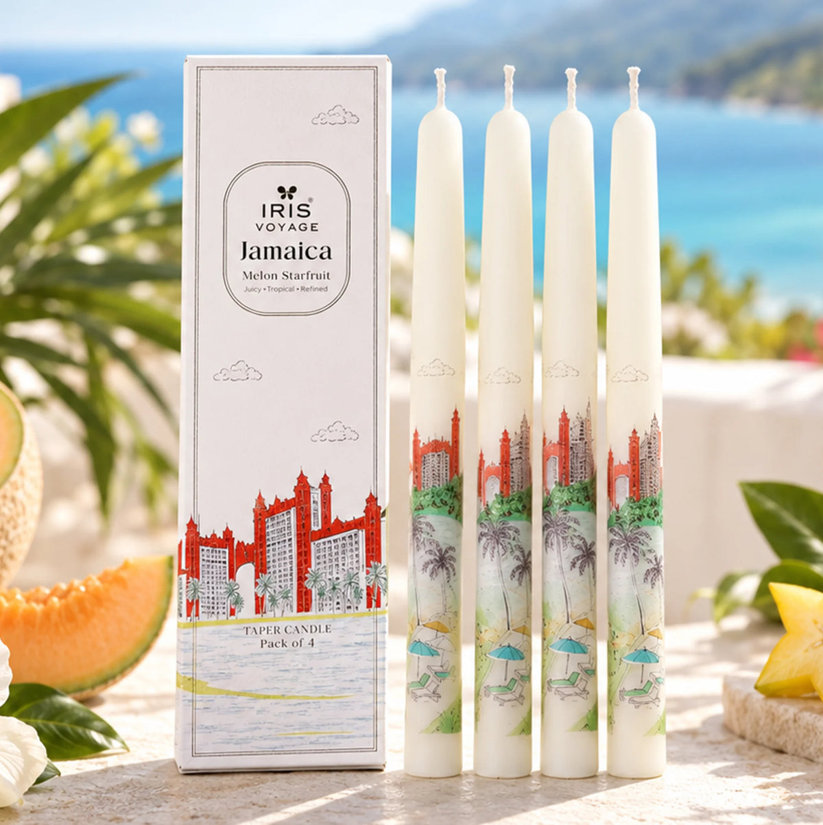 IRIS Voyage Jamaica | Melon Starfruit Scented Taper Candles Pack of 4 | 8 Hrs Burn Time