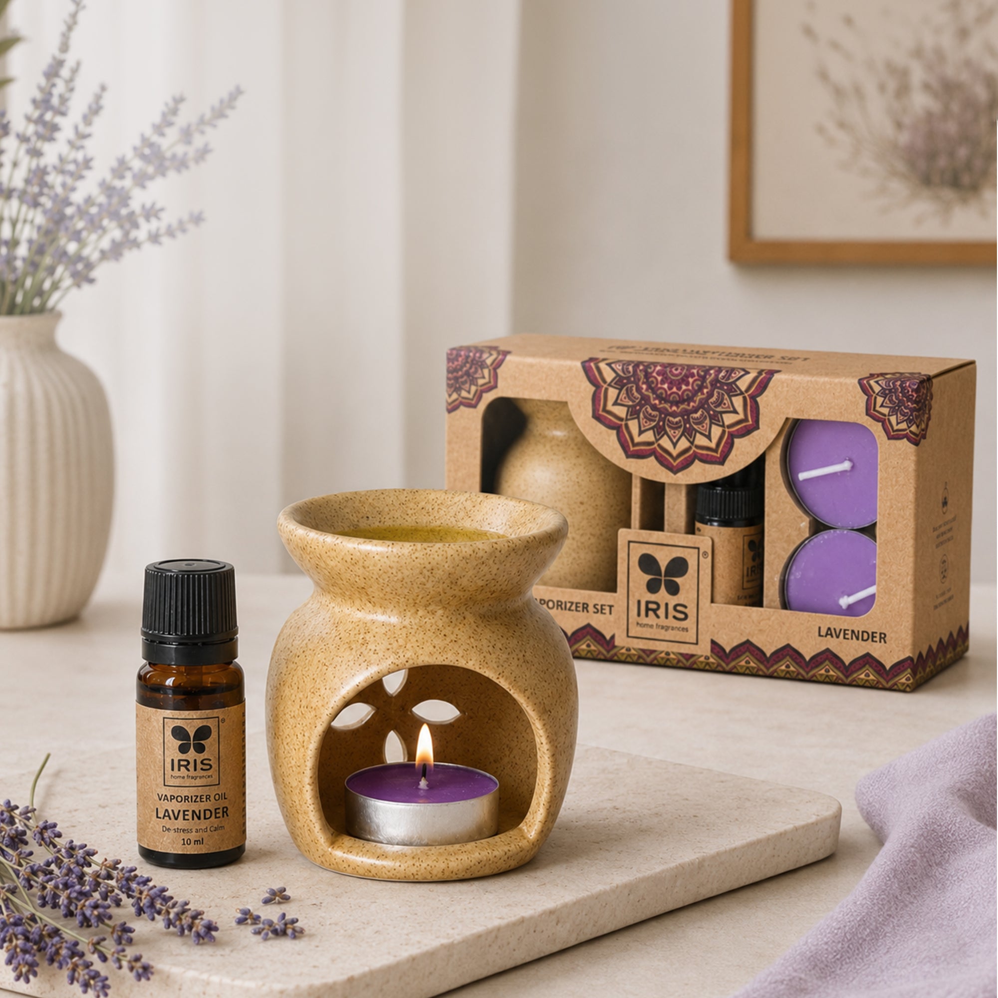 IRIS Lavender Aroma Diffuser Set | Ceramic Burner with Fragrance Oil & Tealights