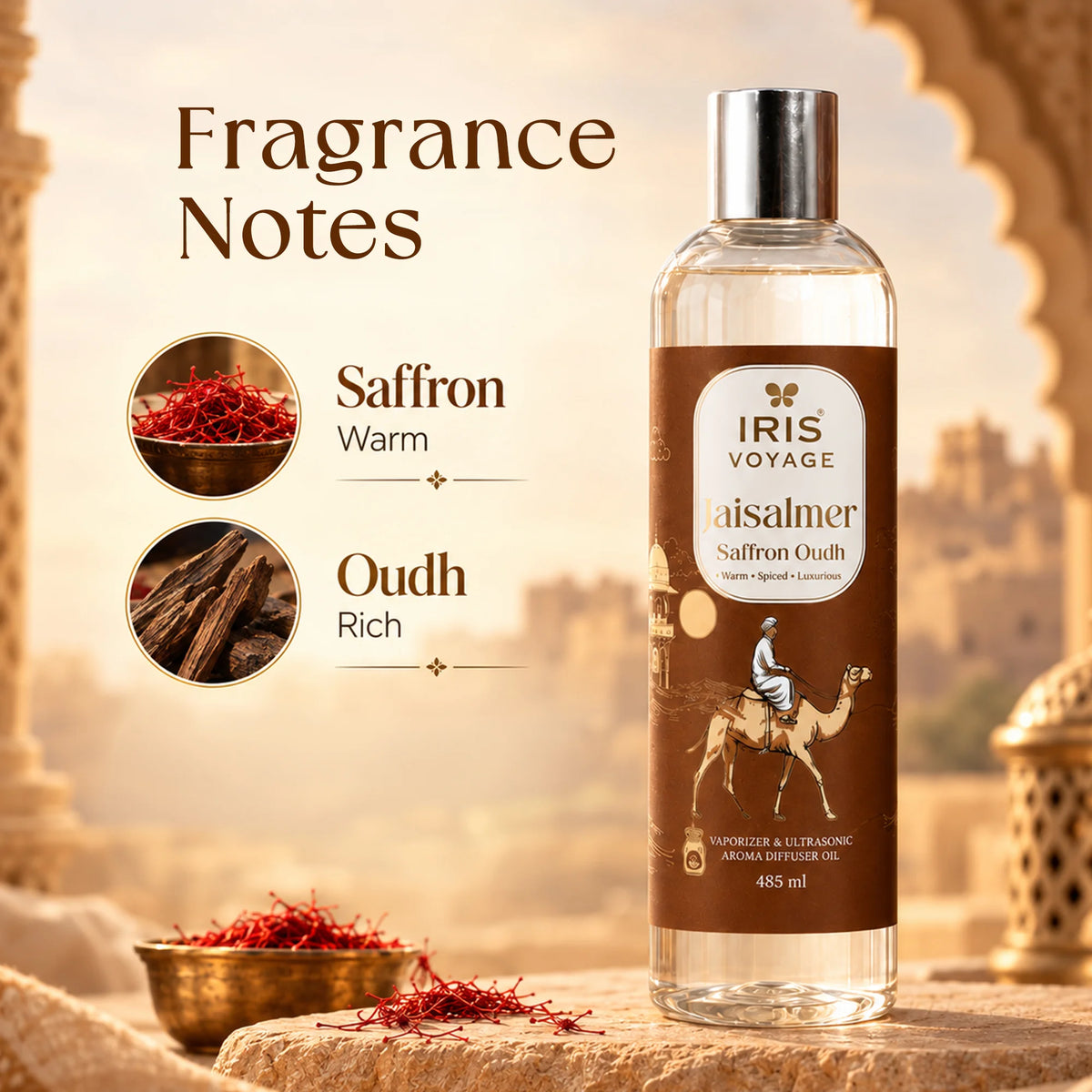 IRIS Voyage Jaisalmer | Saffron Oudh Aroma Vaporizer Oil & Ultrasonic Diffuser Oil 485 ml