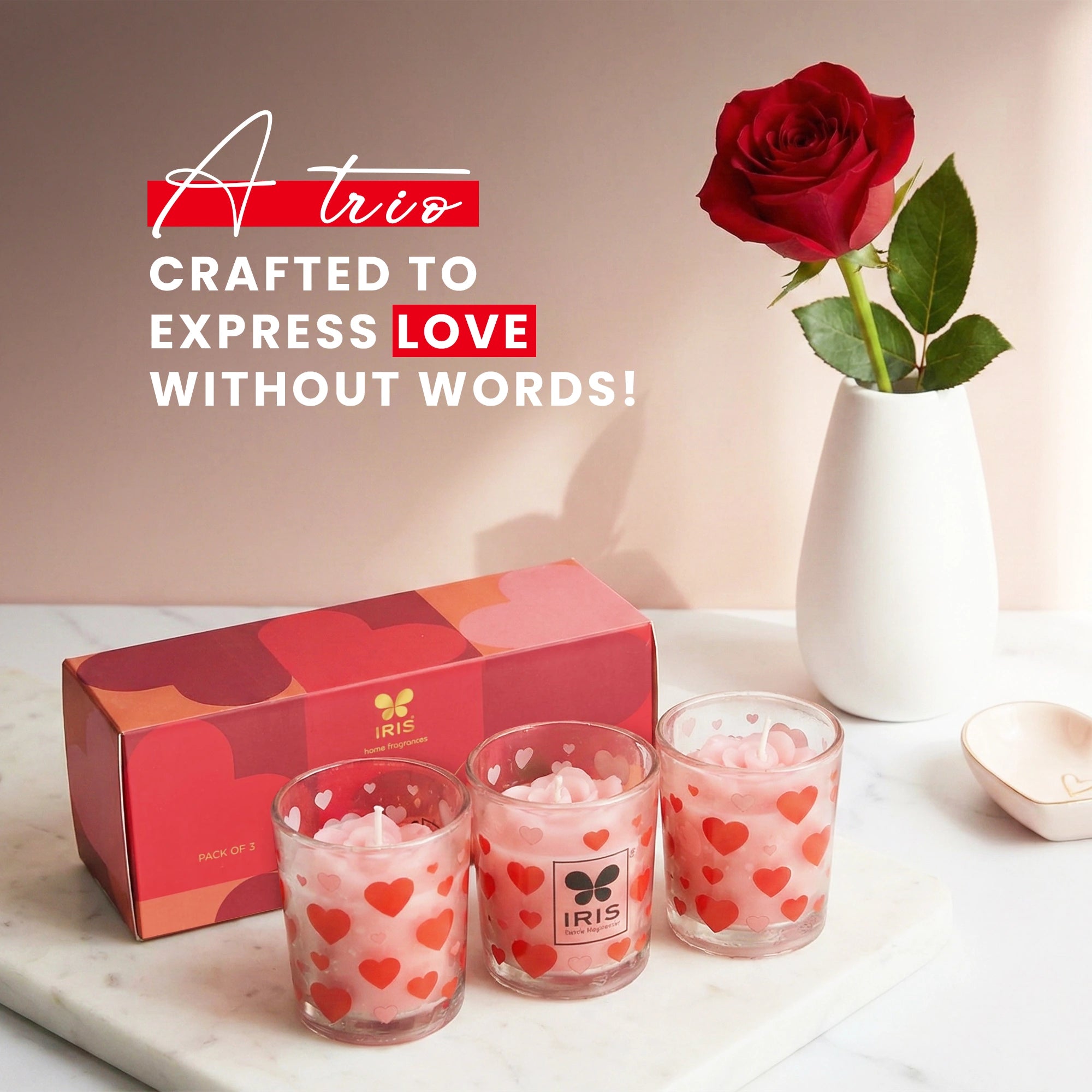 IRIS Blooming Hearts Shot Glass Candles | Burns 8 Hours Each| Pack of 3