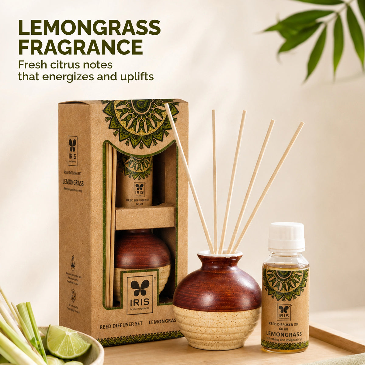 Lemongrass Ceramic Aroma Reed Diffuser Set | Ethnic Packaging | 60ml
