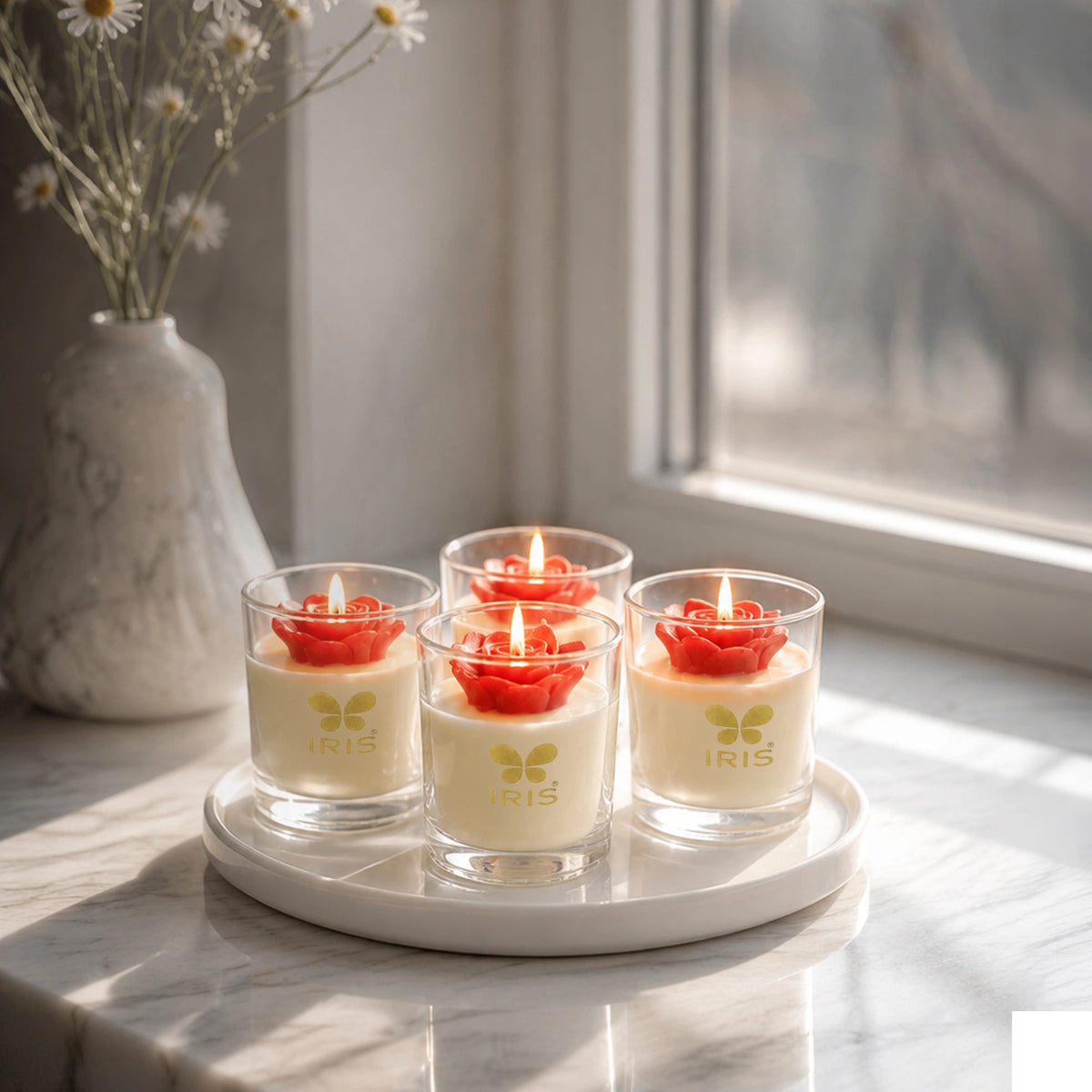 Floral Shot Glass Scented Candle Set |Timelss Rose Fragrance | Pack of 4
