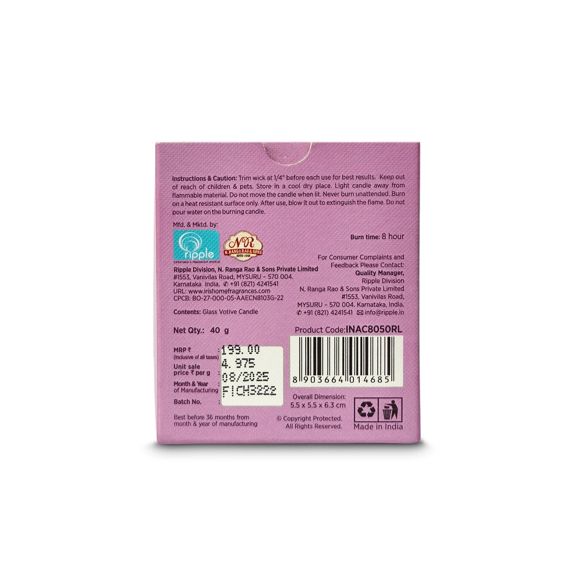 IRIS Royal Lavender Frosted Shot Glass Scented Candle