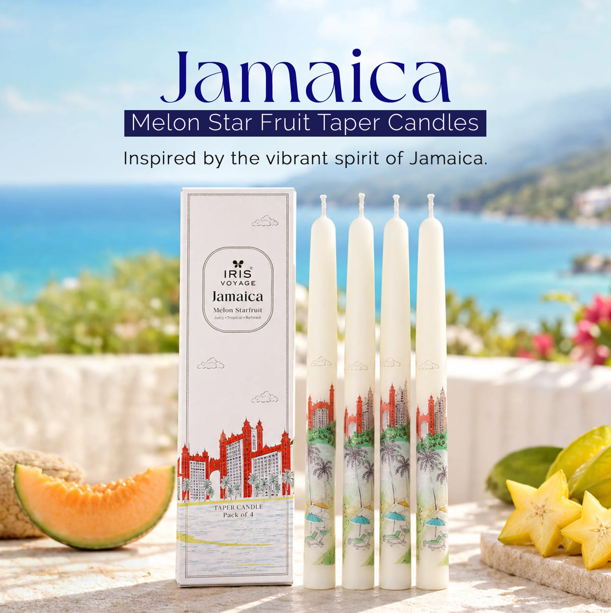 IRIS Voyage Jamaica | Melon Starfruit Scented Taper Candles Pack of 4 | 8 Hrs Burn Time