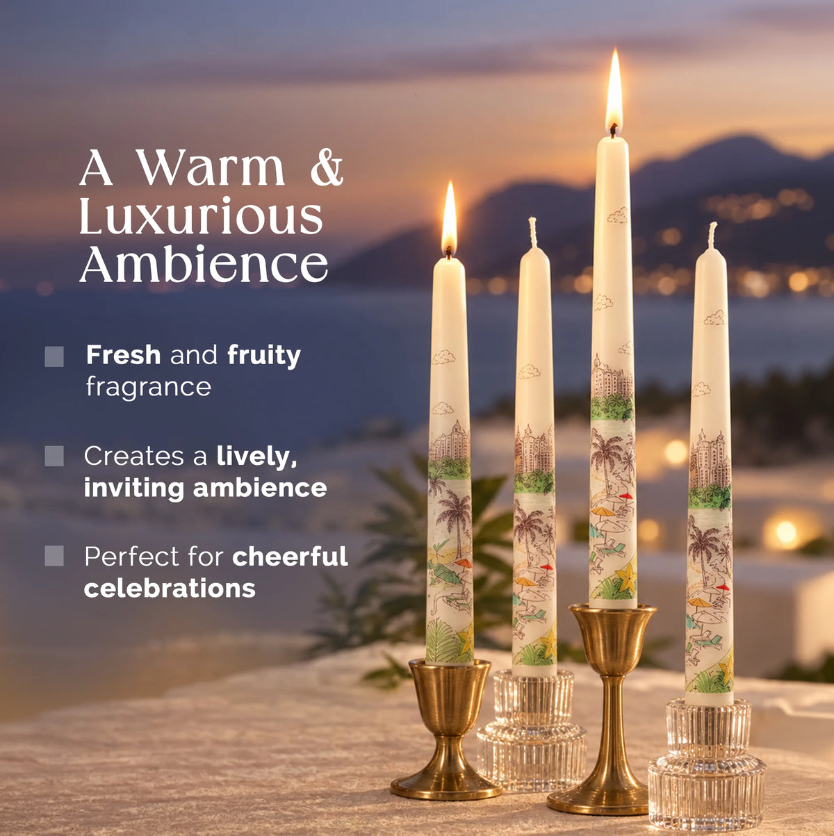 IRIS Voyage Jamaica | Melon Starfruit Scented Taper Candles Pack of 4 | 8 Hrs Burn Time