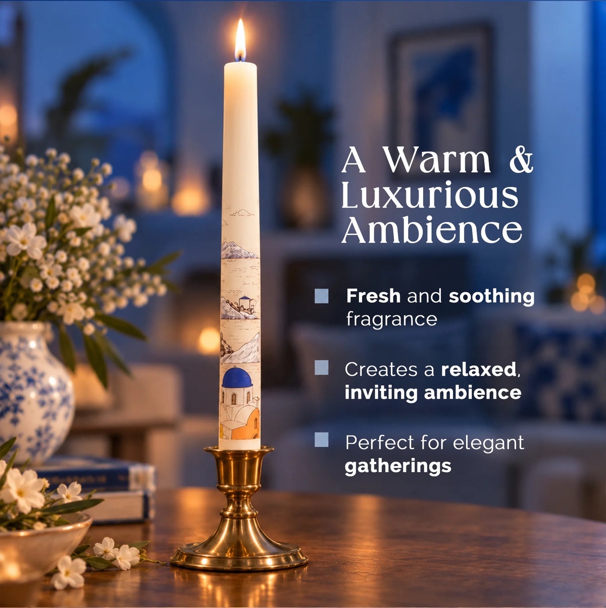 IRIS Voyage Santorini | Marine Musk Scented Taper Candles Pack of 4 | 8 Hrs Burn Time