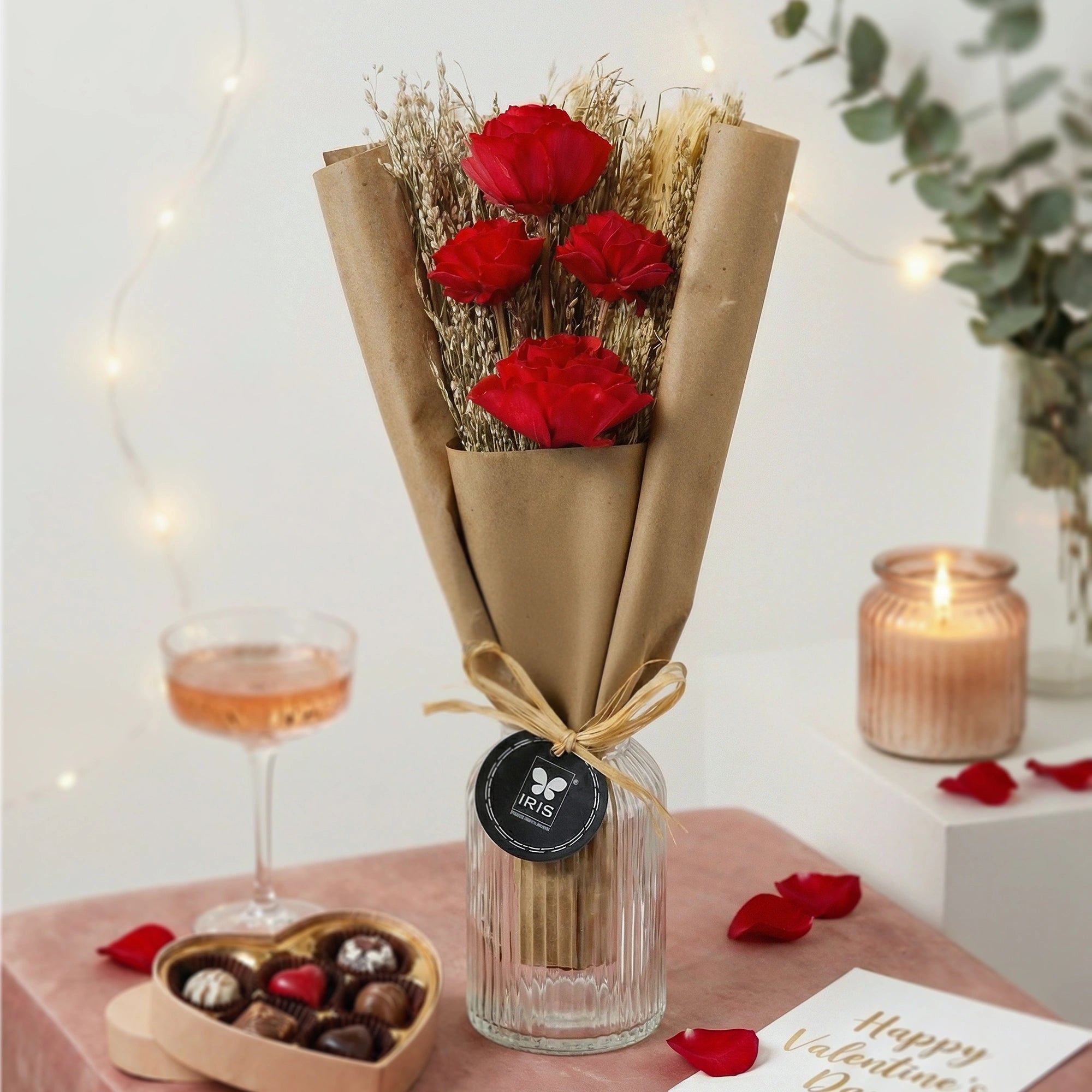 IRIS Everlasting Red Roses Scented Dry Flower Bouquet with 5ml Fragrance Spray