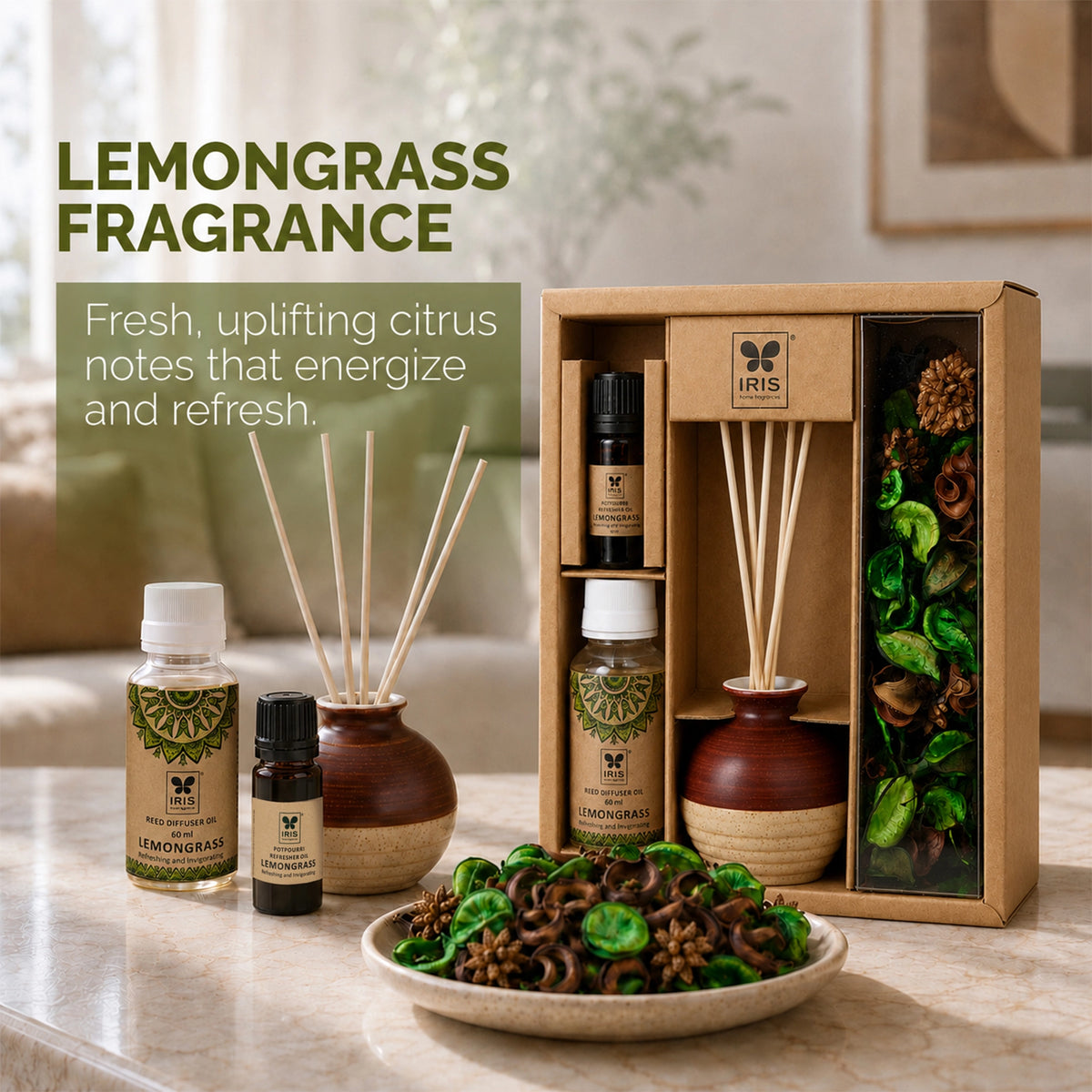 Lemongrass Fragrance Gift Set With Reed Diffuser & Potpourri for Home Decor