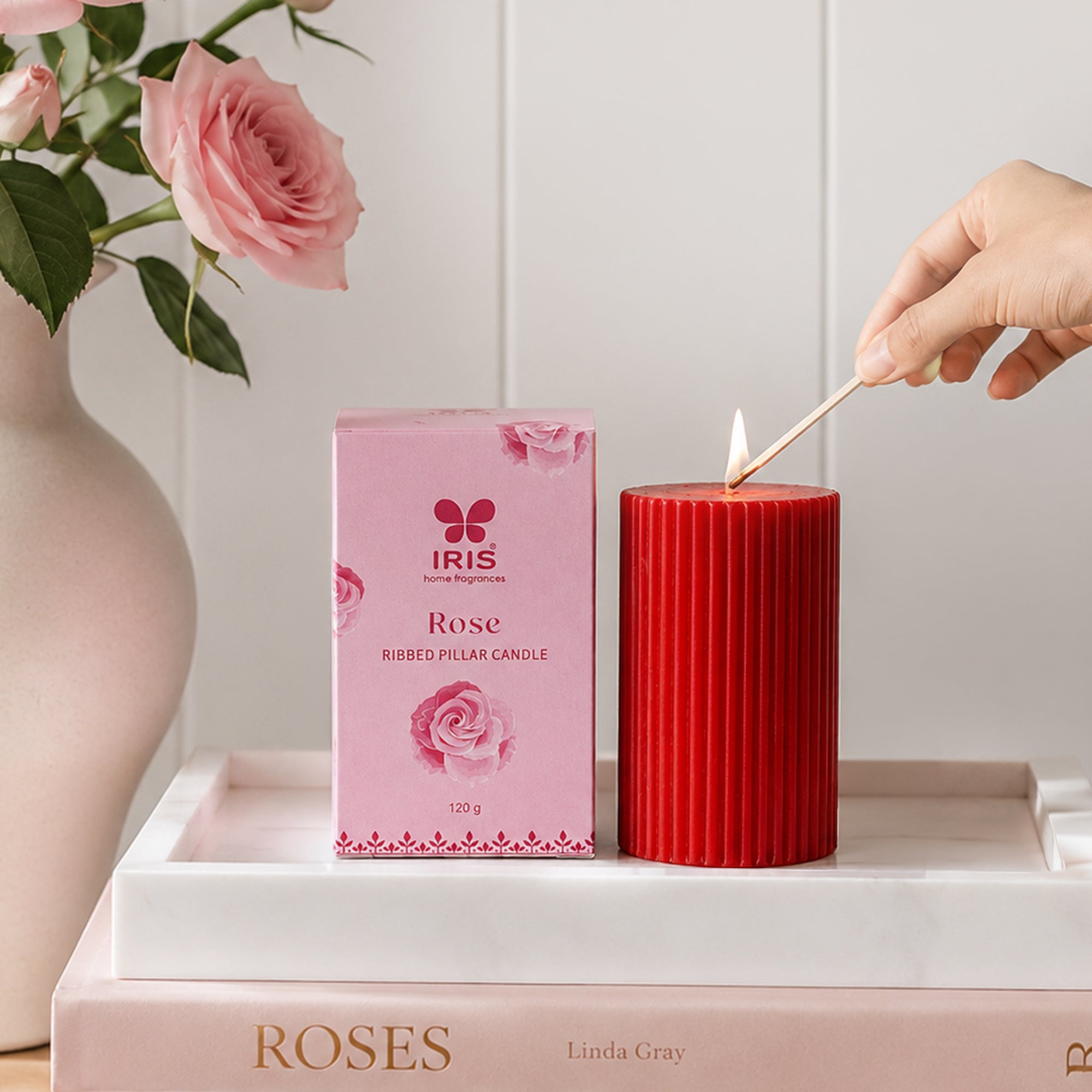 IRIS Rose Scented Ribbed Pillar Candle